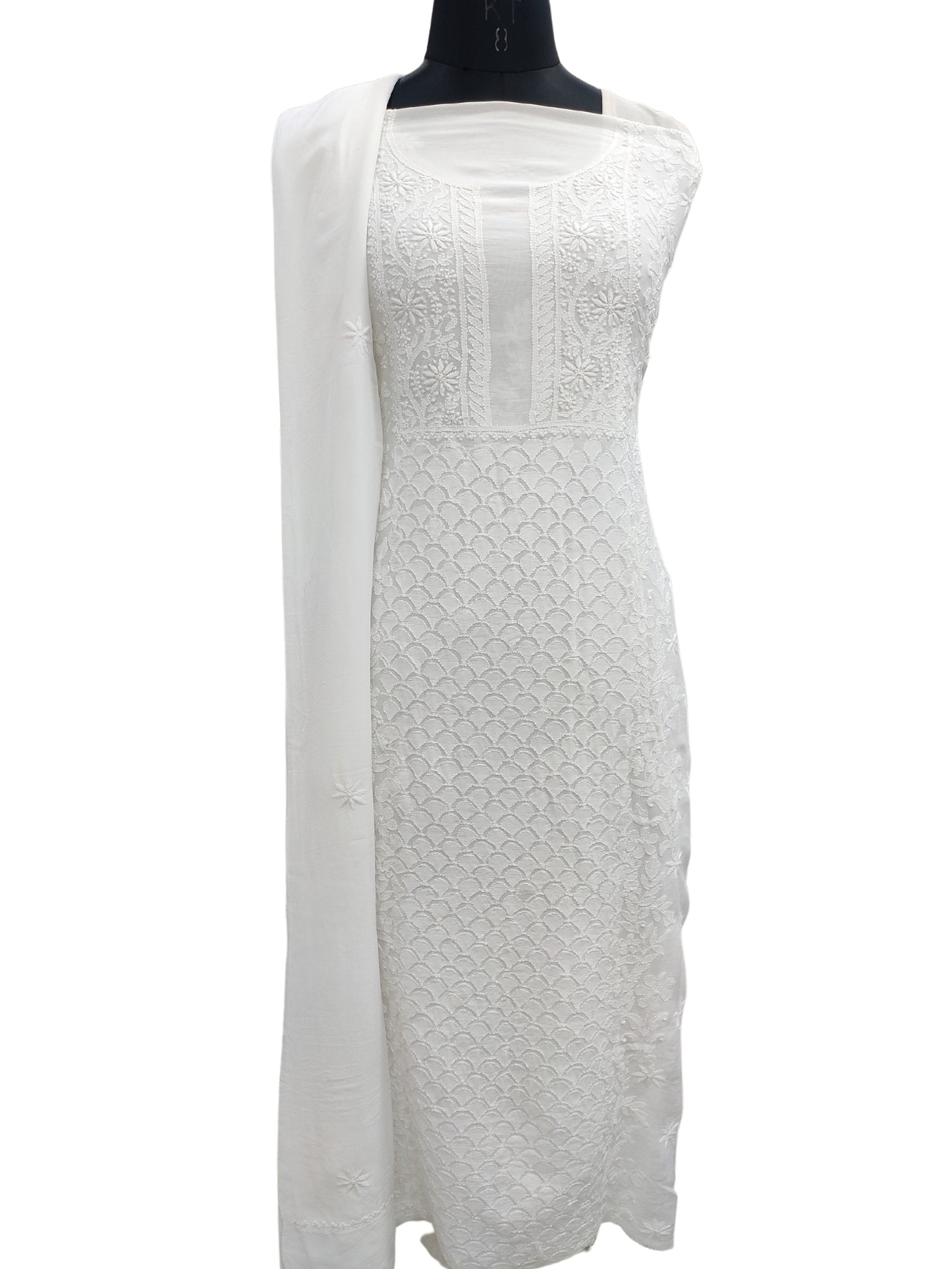 Shyamal Chikan Hand Embroidered White Muslin Lucknowi Chikankari Unstitched Suit Piece ( Set of 2 ) - S20302