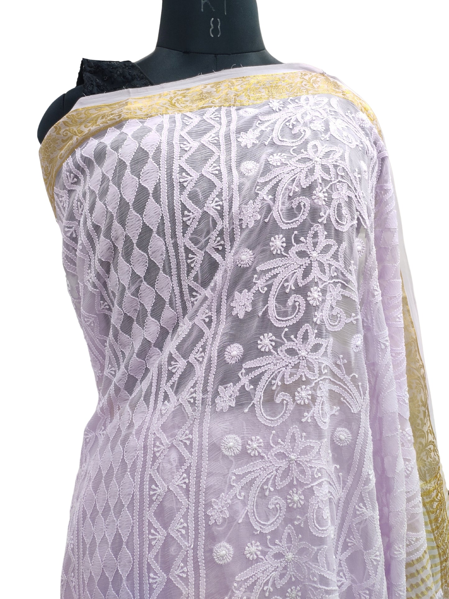 Shyamal Chikan Hand Embroidered Mauve Pure Chiffon Lucknowi Chikankari Saree With Blouse Piece- S20304