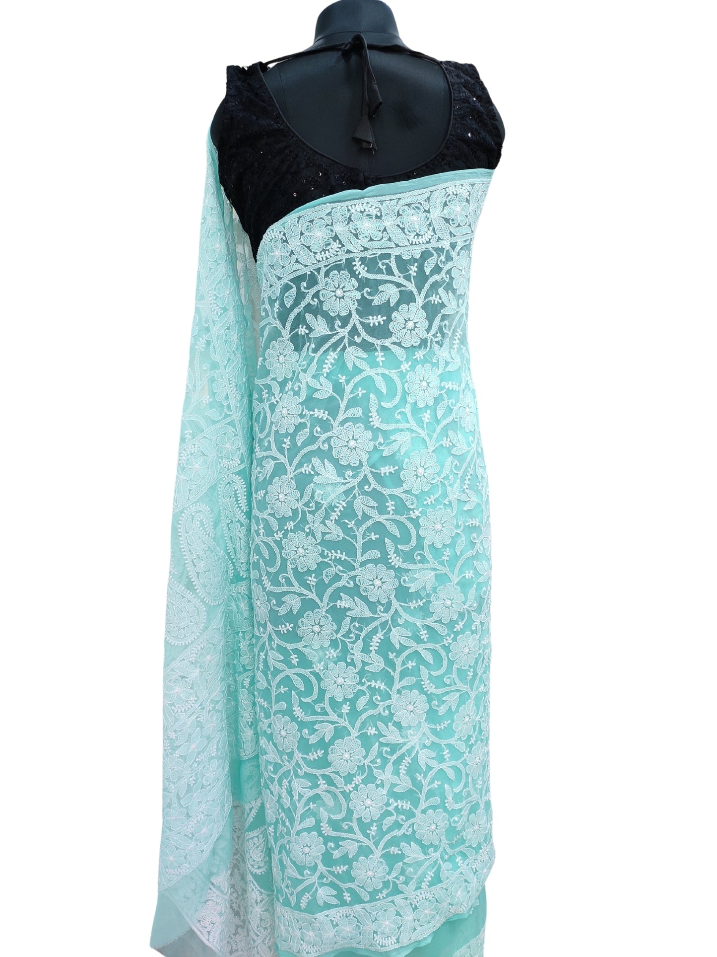 Shyamal Chikan Hand Embroidered Sea Green Georgette Lucknowi Chikankari Shoulder Jaal Saree With Blouse Piece - S26050