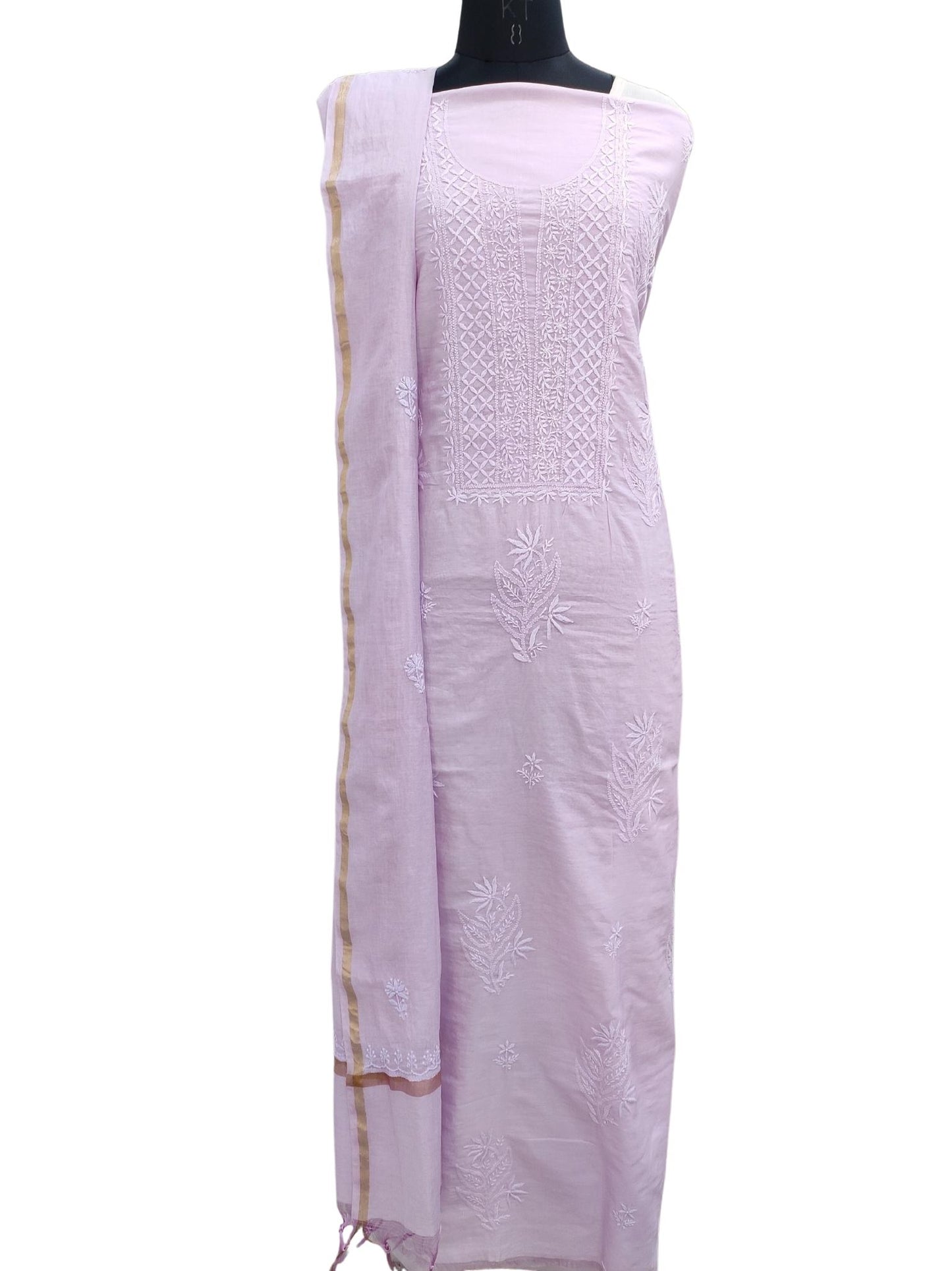 Shyamal Chikan Hand Embroidered Pink Chanderi Lucknowi Chikankari Unstitched Suit Piece ( Set of 2 ) - S19961