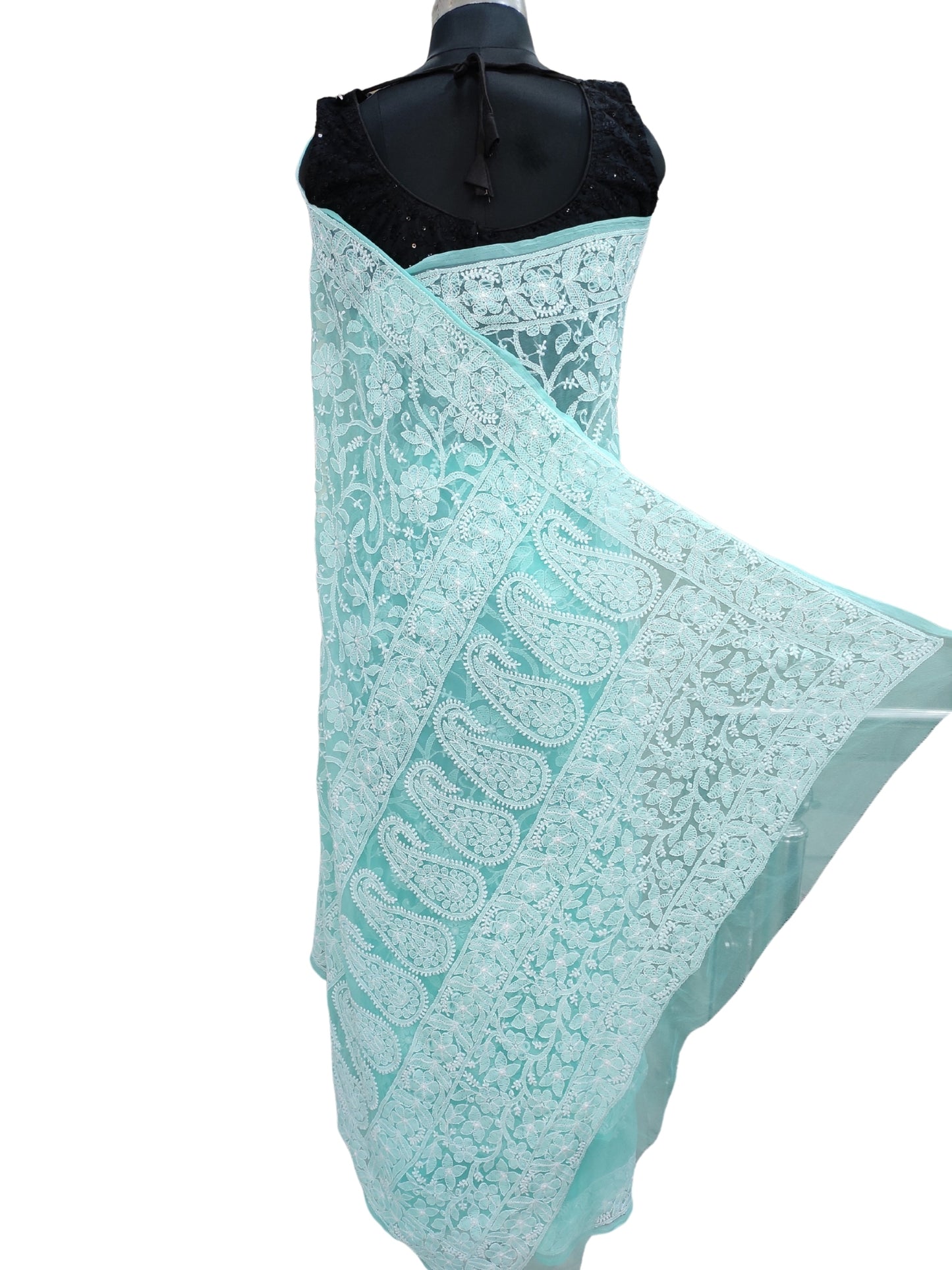 Shyamal Chikan Hand Embroidered Sea Green Georgette Lucknowi Chikankari Shoulder Jaal Saree With Blouse Piece - S26050