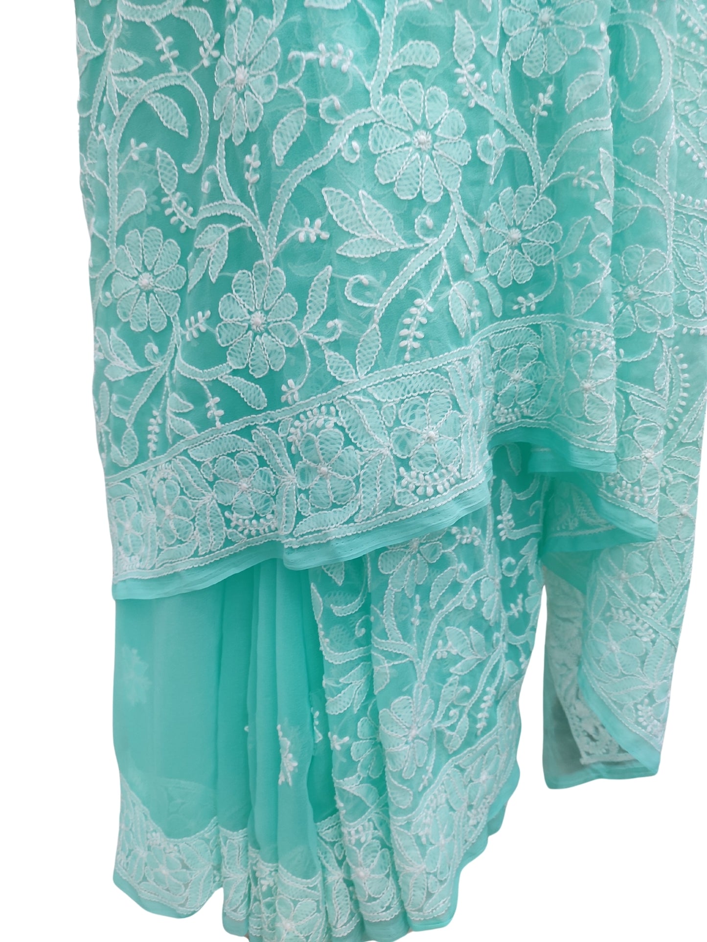 Shyamal Chikan Hand Embroidered Sea Green Georgette Lucknowi Chikankari Shoulder Jaal Saree With Blouse Piece - S26050