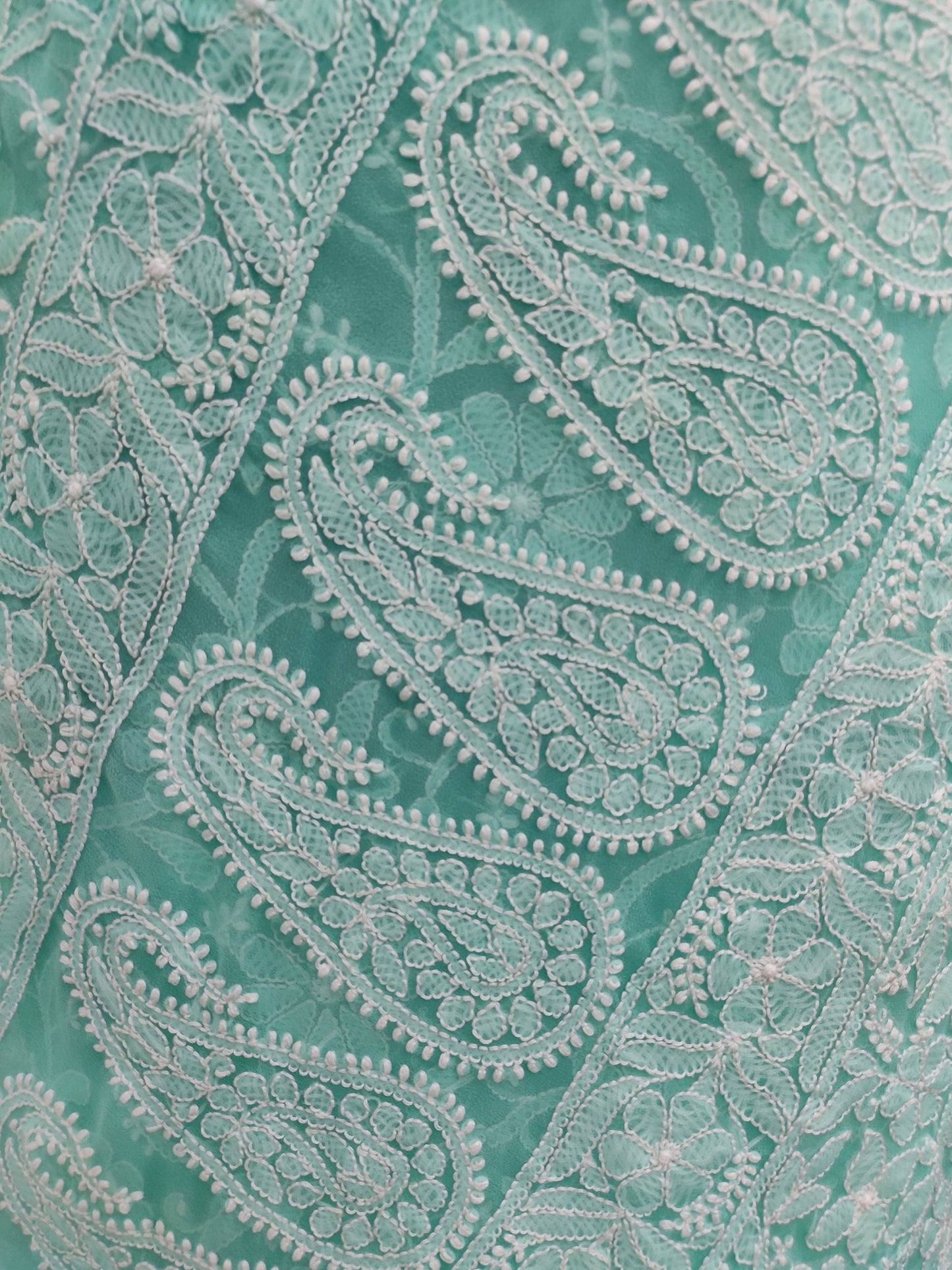 Shyamal Chikan Hand Embroidered Sea Green Georgette Lucknowi Chikankari Shoulder Jaal Saree With Blouse Piece - S26050