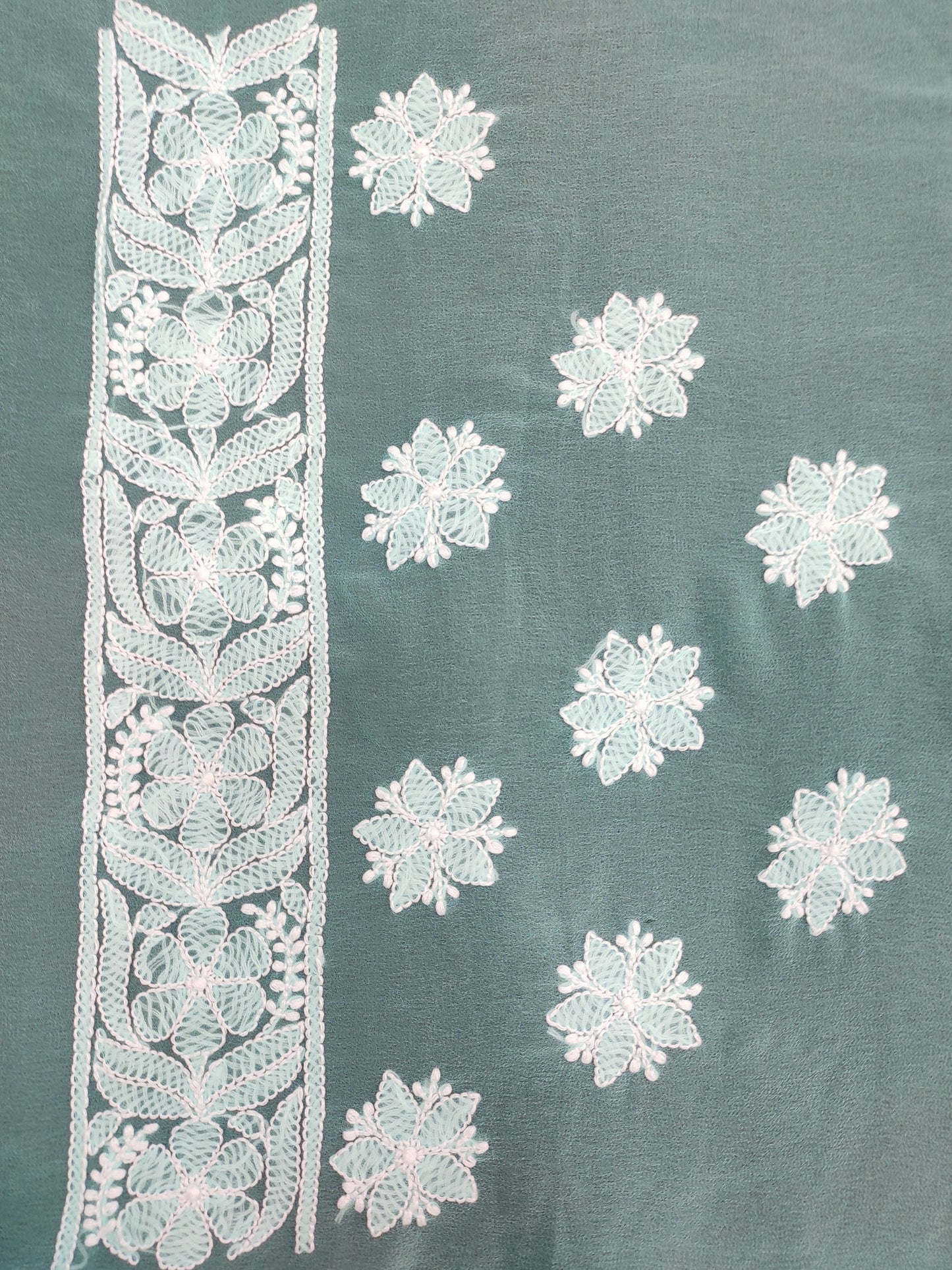 Shyamal Chikan Hand Embroidered Sea Green Georgette Lucknowi Chikankari Shoulder Jaal Saree With Blouse Piece - S26050