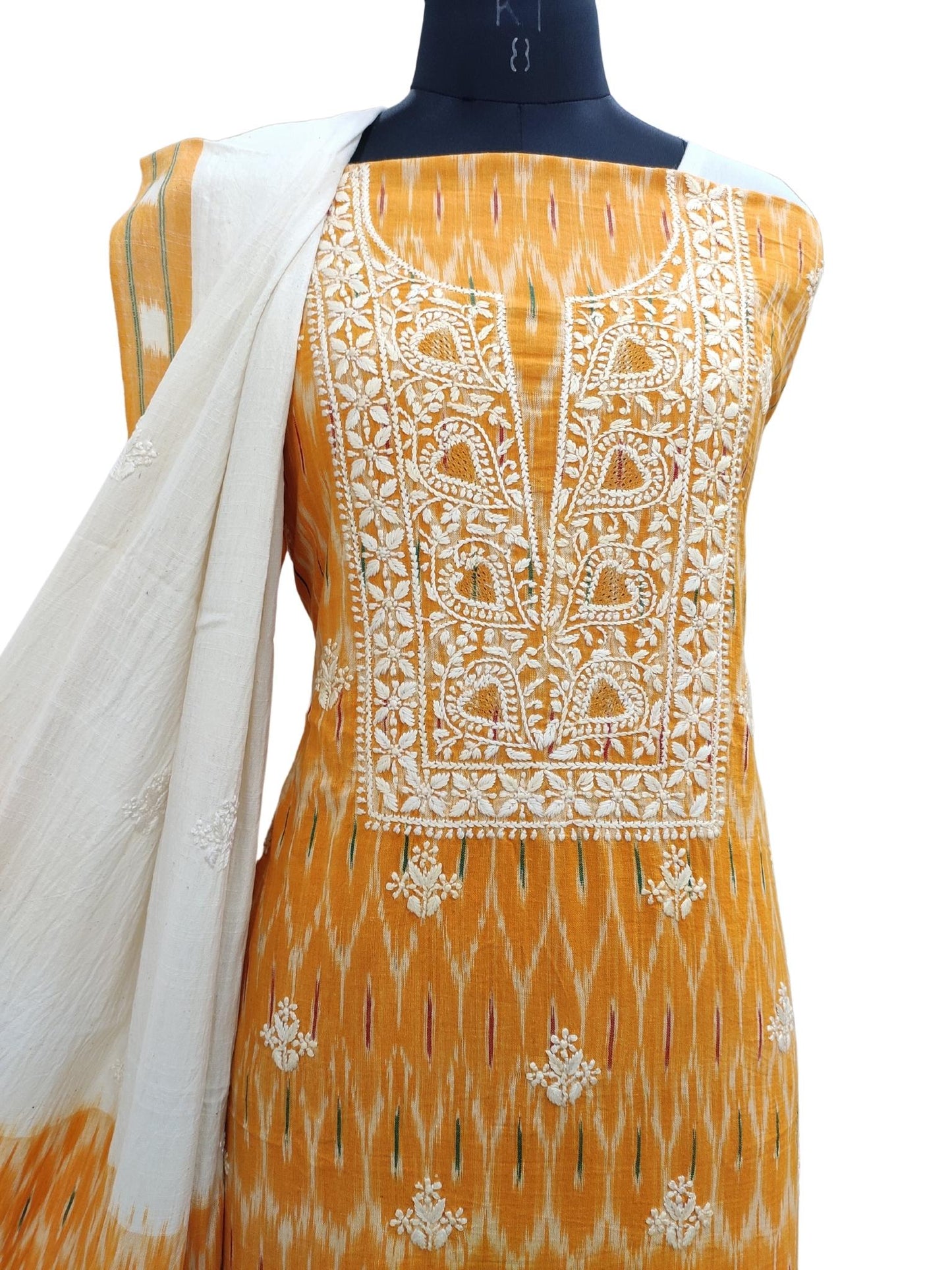 Shyamal Chikan Hand Embroidered Yellow Ikat Cotton Lucknowi Chikankari Unstitched Suit Piece - S20120