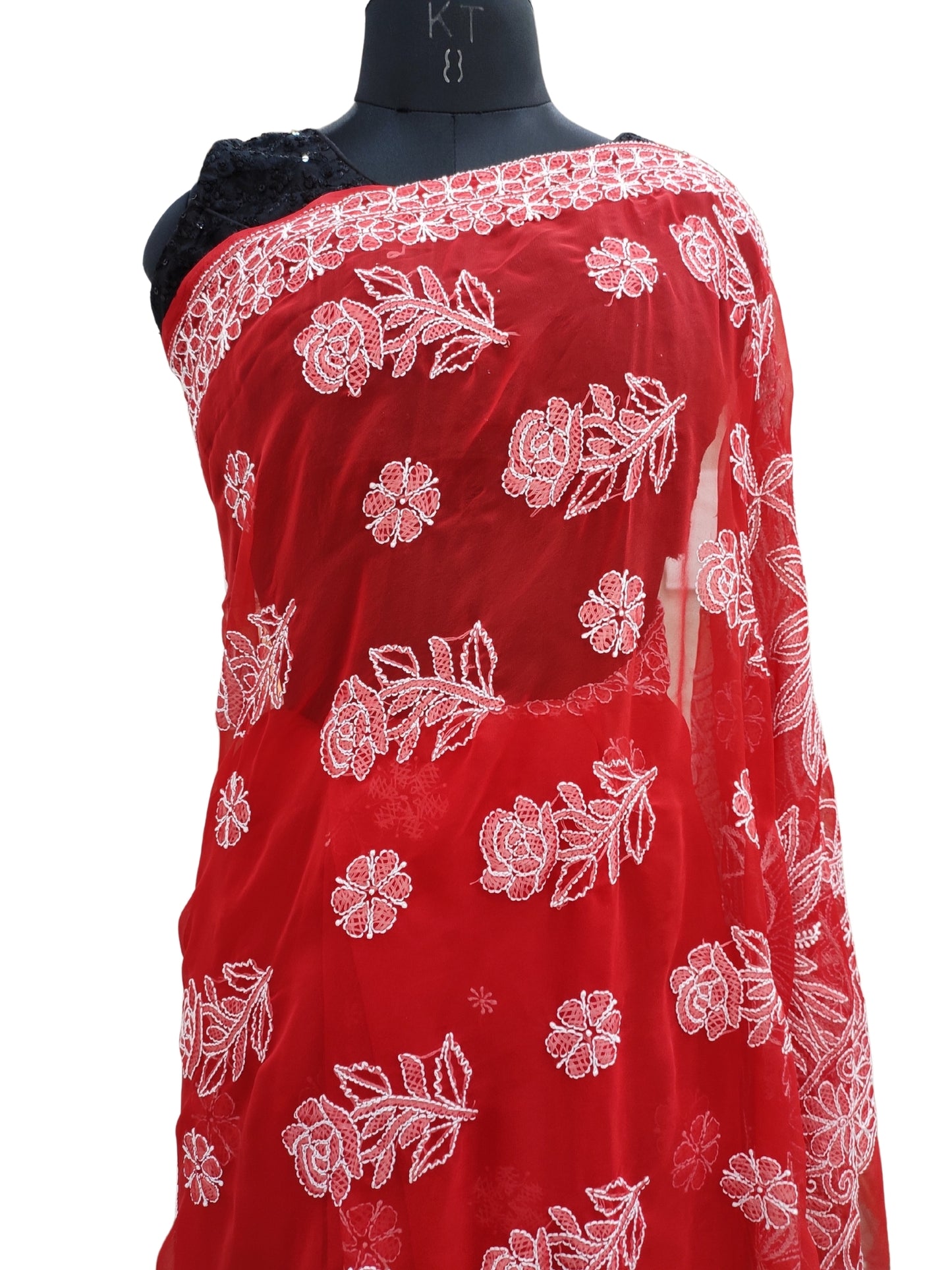 Shyamal Chikan Hand Embroidered Red Georgette Lucknowi Chikankari Skirt Saree With Blouse Piece - S26069