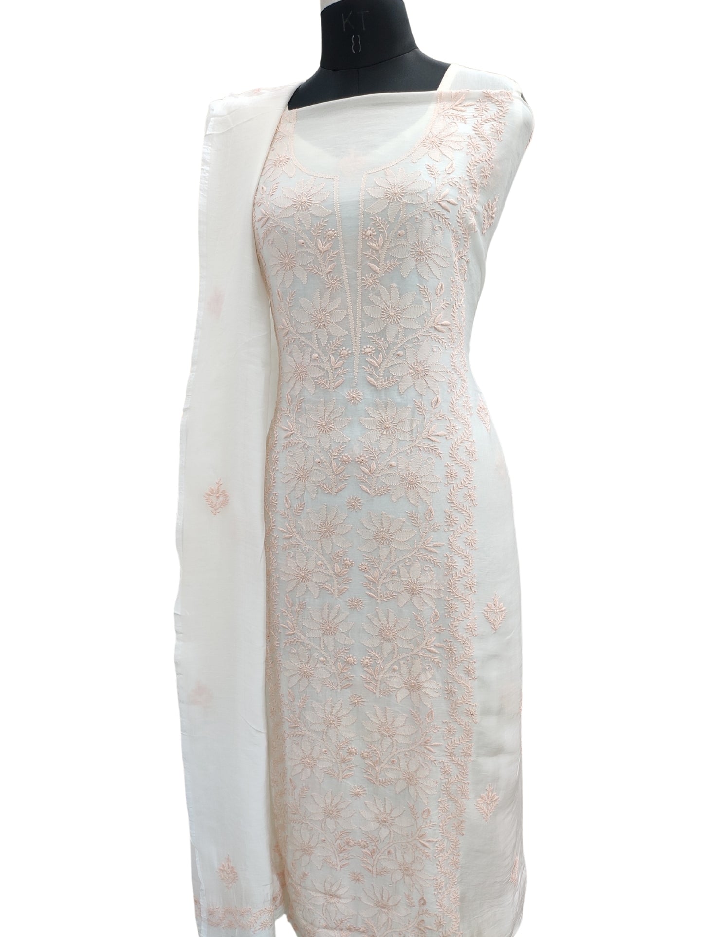 Shyamal Chikan Hand Embroidered White American Cotton Lucknowi Chikankari Unstitched Suit Piece (Kurta Dupatta Set) - S26196