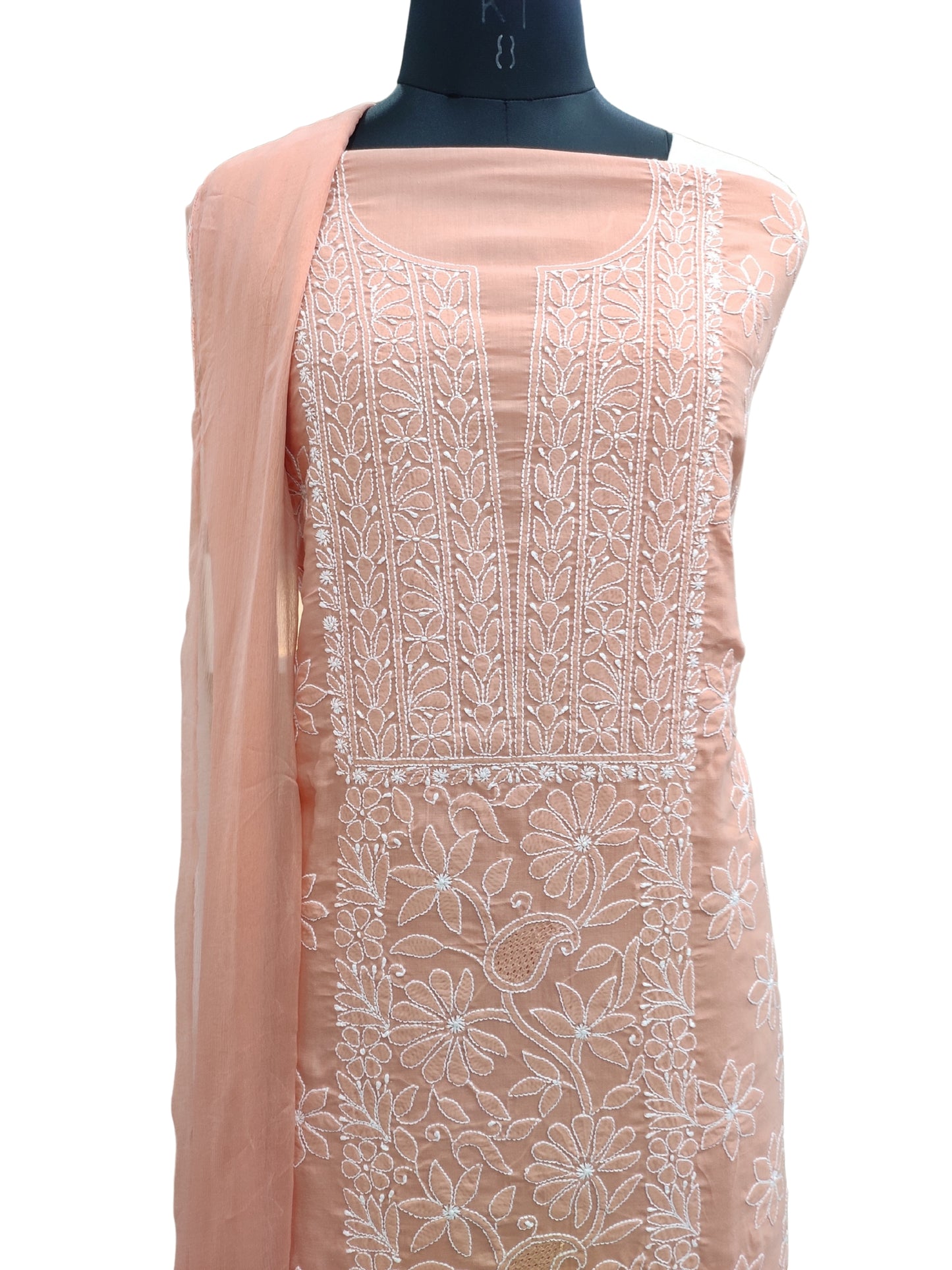 Shyamal Chikan Hand Embroidered Peach Cotton Lucknowi Chikankari Unstitched Suit Piece - S26268