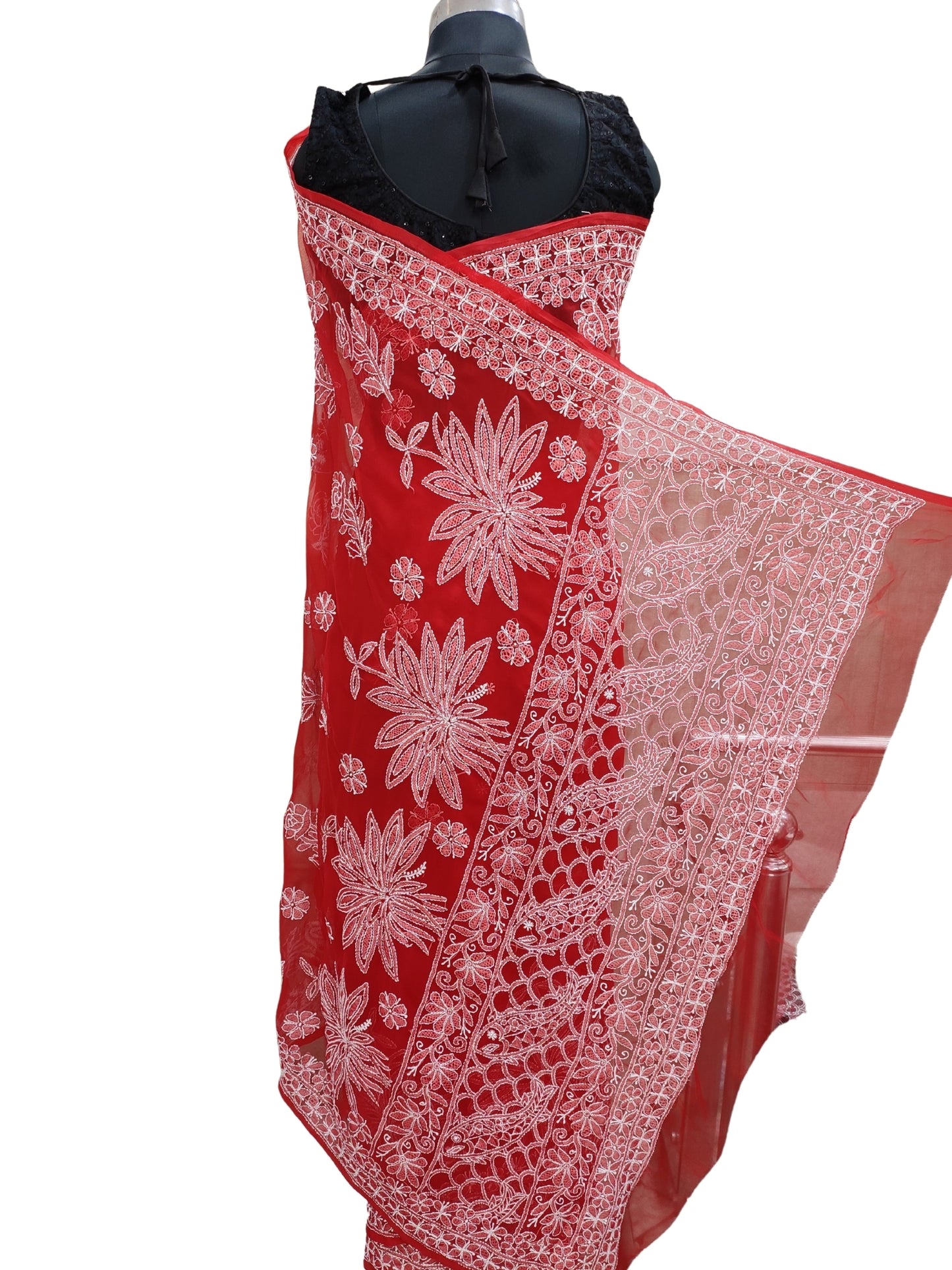 Shyamal Chikan Hand Embroidered Red Georgette Lucknowi Chikankari Skirt Saree With Blouse Piece - S26069