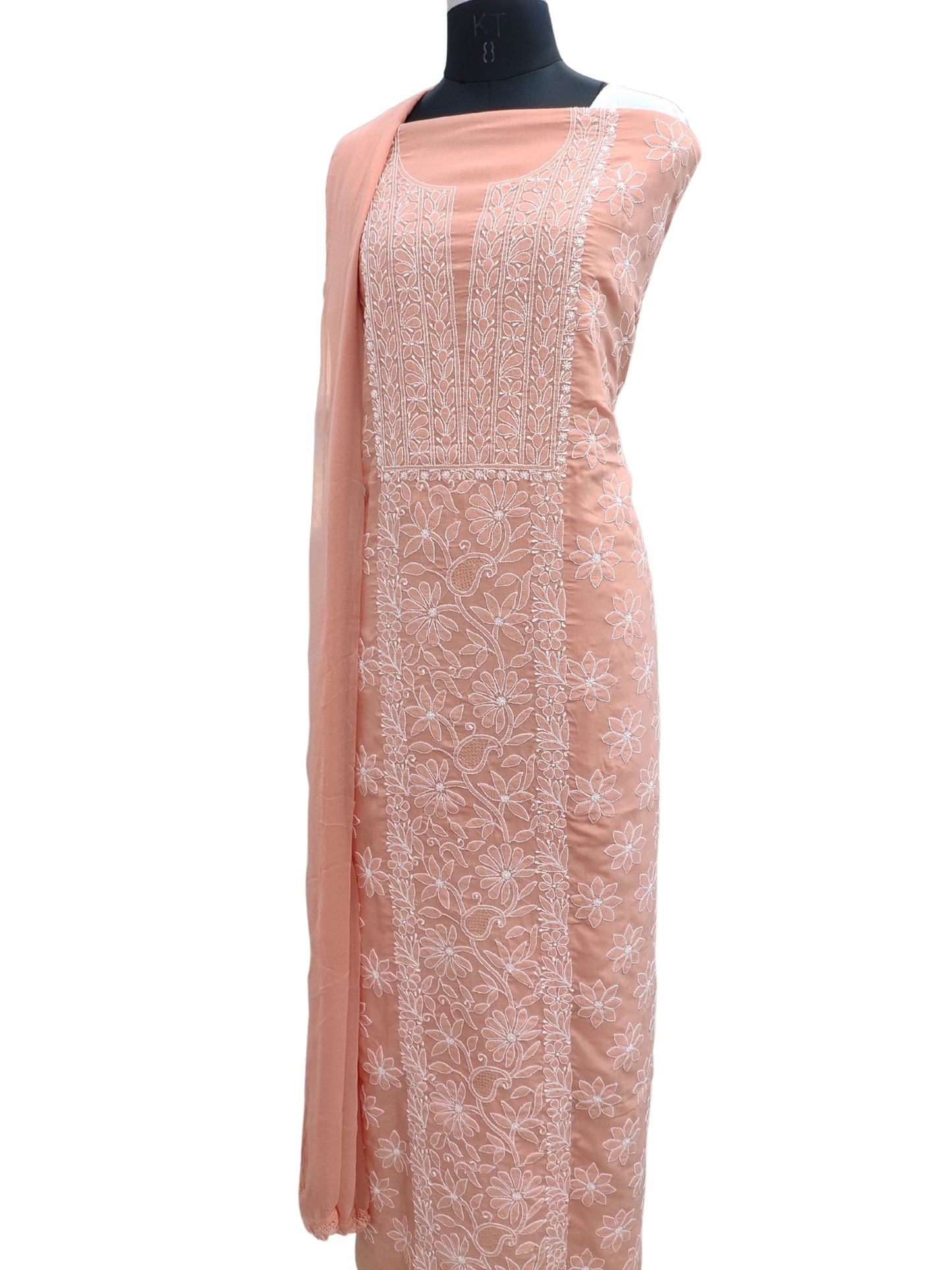 Shyamal Chikan Hand Embroidered Peach Cotton Lucknowi Chikankari Unstitched Suit Piece - S26268