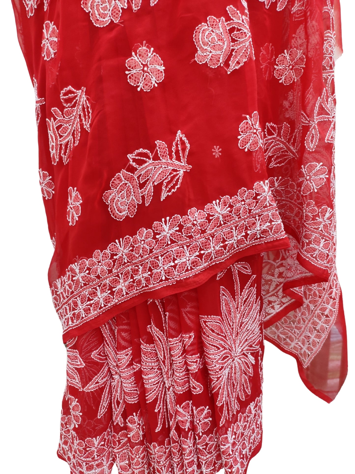 Shyamal Chikan Hand Embroidered Red Georgette Lucknowi Chikankari Skirt Saree With Blouse Piece - S26069