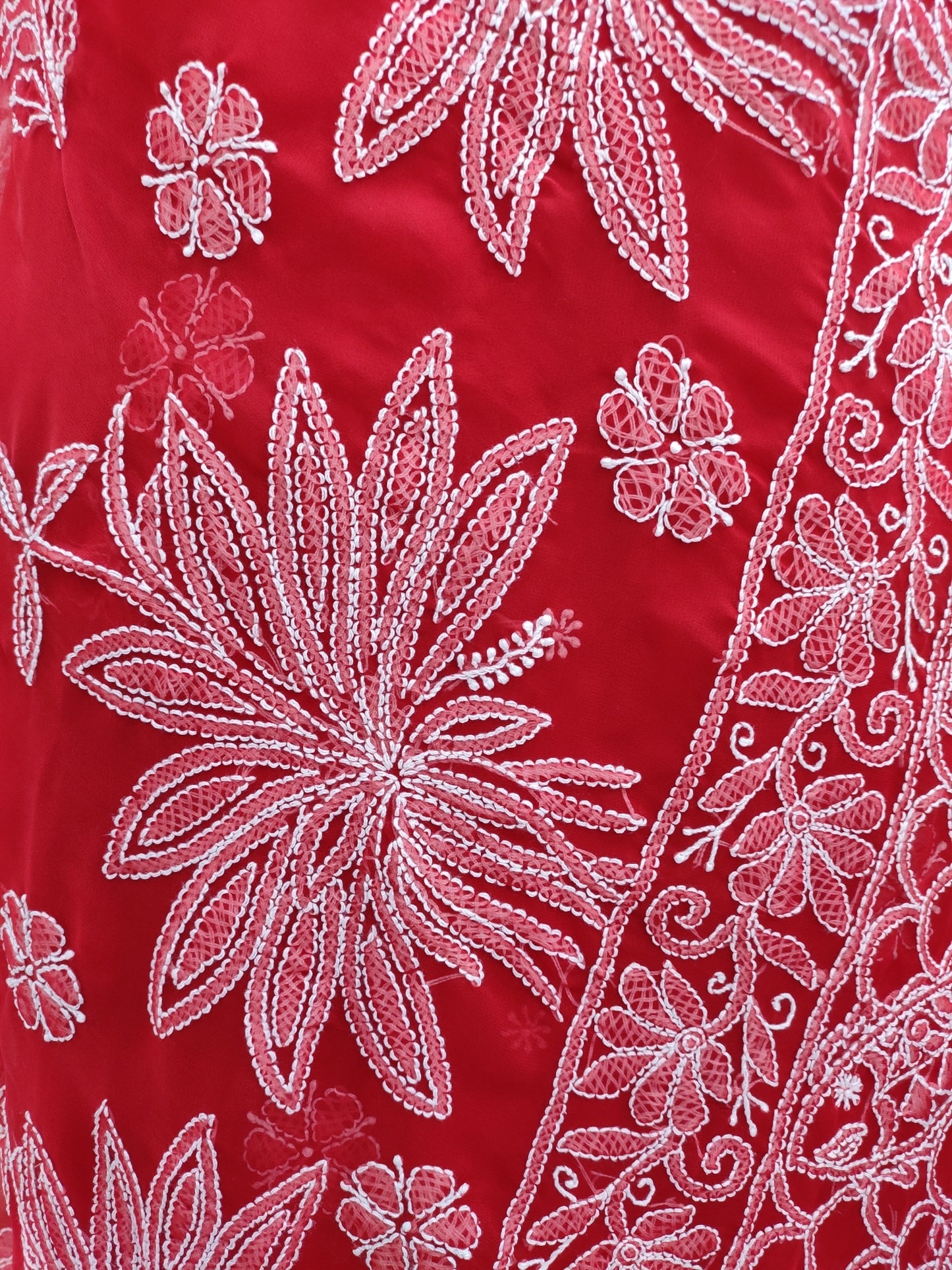 Shyamal Chikan Hand Embroidered Red Georgette Lucknowi Chikankari Skirt Saree With Blouse Piece - S26069