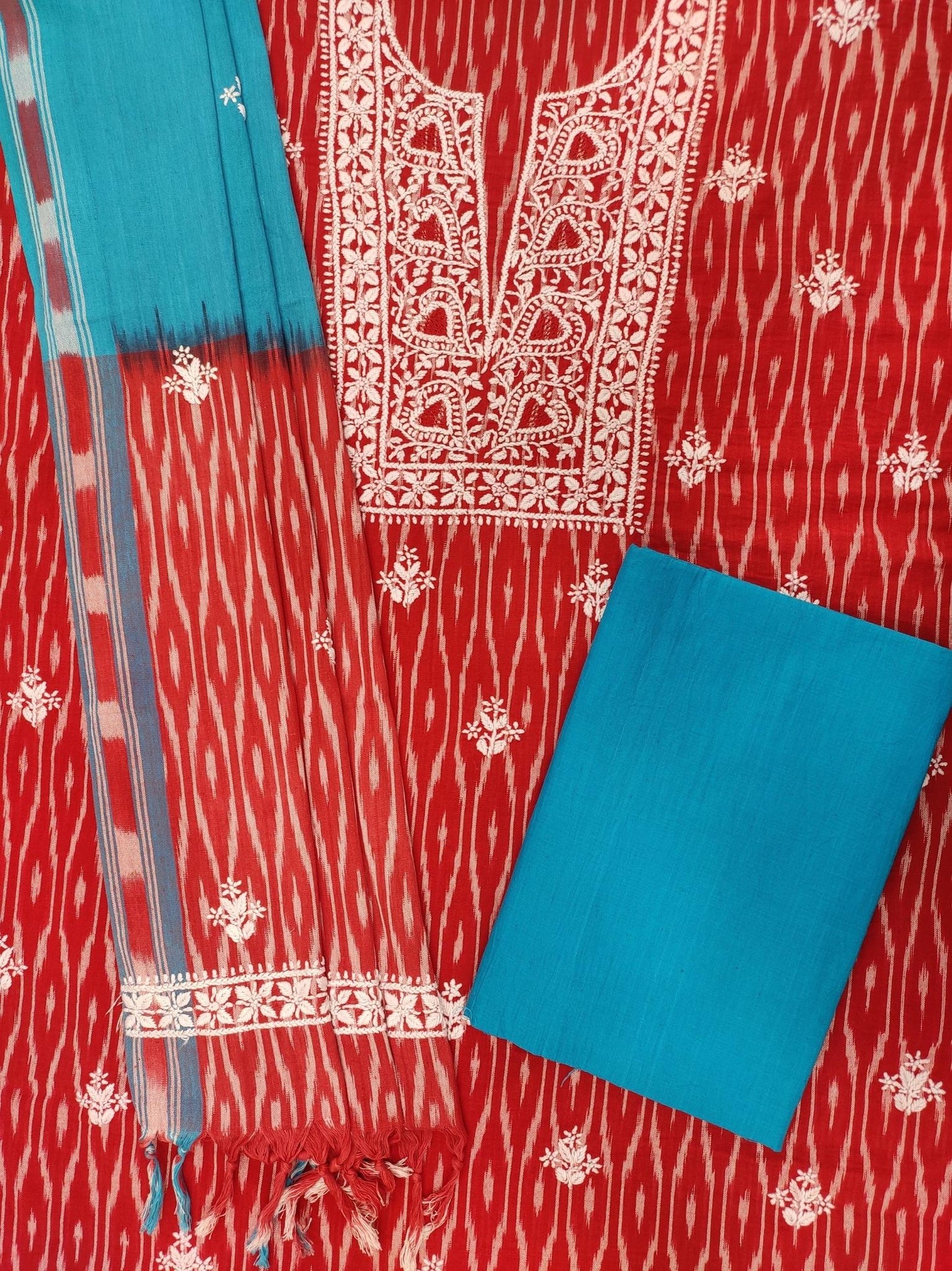 Shyamal Chikan Hand Embroidered Red Ikat Cotton Lucknowi Chikankari Unstitched Suit Piece - S20119
