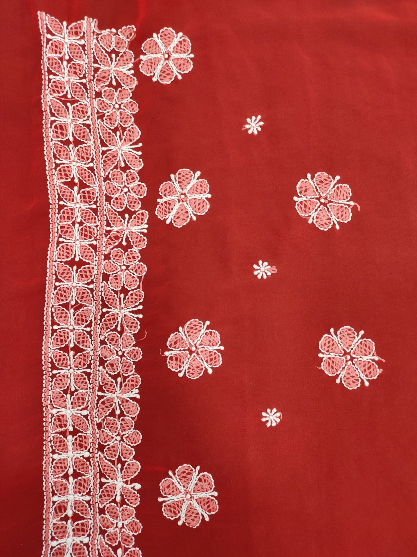 Shyamal Chikan Hand Embroidered Red Georgette Lucknowi Chikankari Skirt Saree With Blouse Piece - S26069