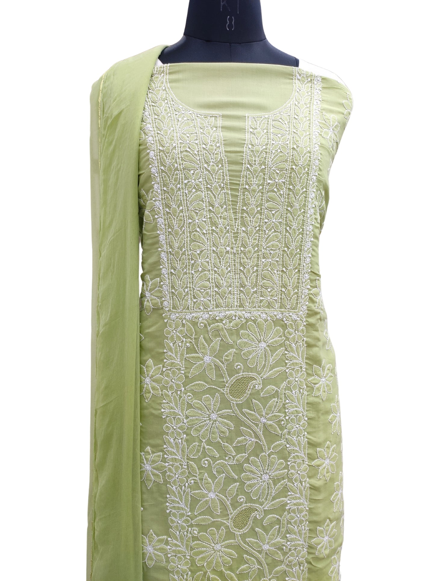 Shyamal Chikan Hand Embroidered Green Cotton Lucknowi Chikankari Unstitched Suit Piece - S26264