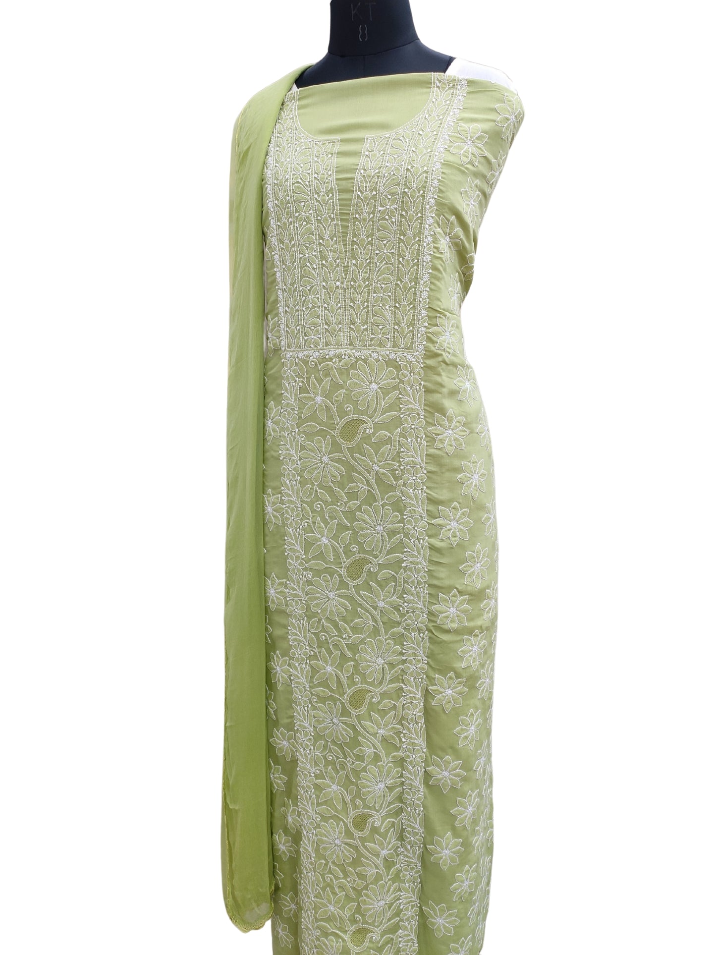 Shyamal Chikan Hand Embroidered Green Cotton Lucknowi Chikankari Unstitched Suit Piece - S26264