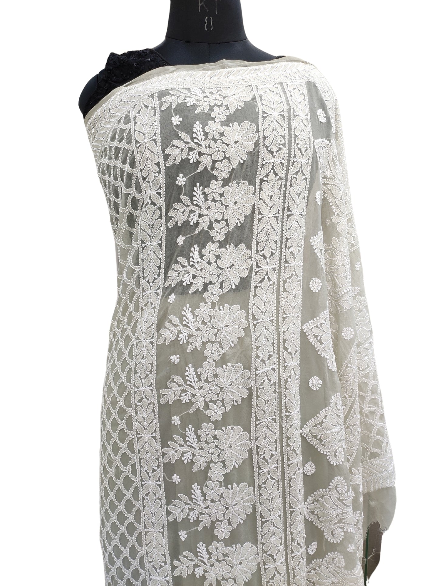 Shyamal Chikan Hand Embroidered Green Georgette Lucknowi Chikankari Skirt Saree With Blouse Piece - S26273