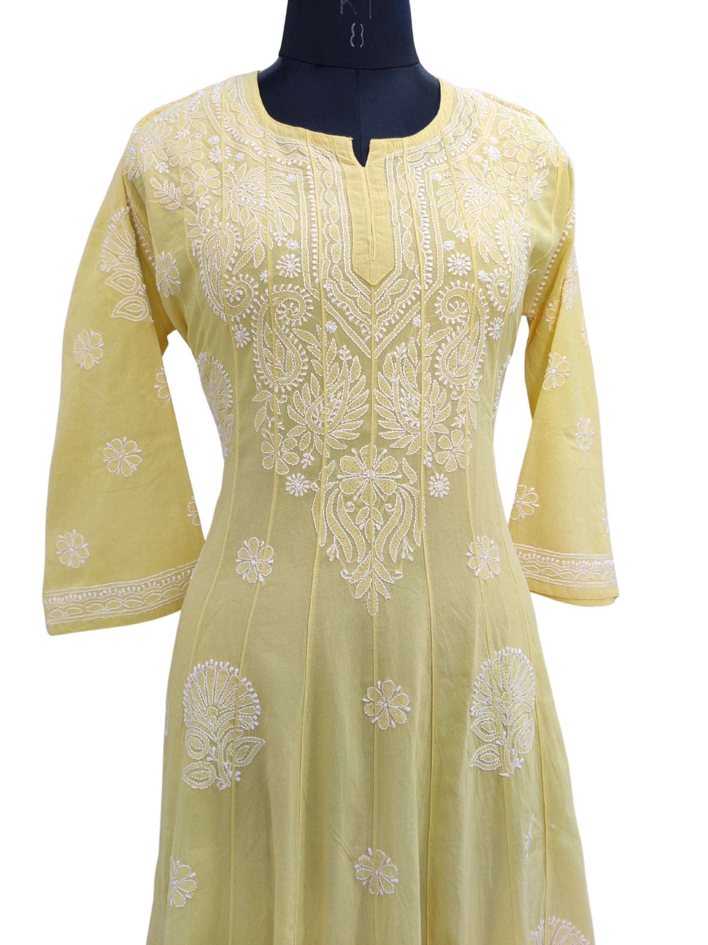 Shyamal Chikan Hand Embroidered Yellow Pure Cotton Lucknowi Chikankari Anarkali - S25704
