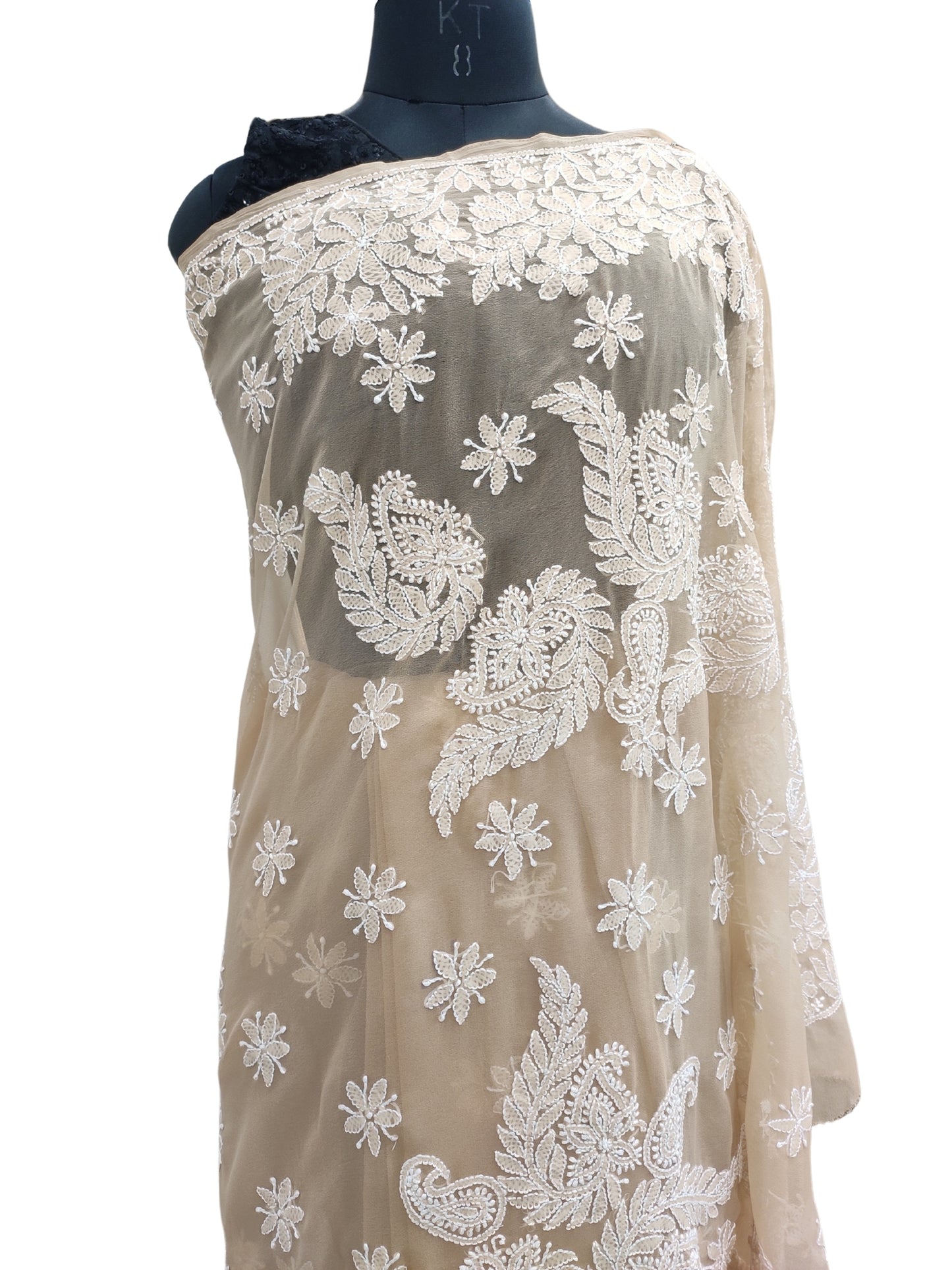 Shyamal Chikan Hand Embroidered Brown Georgette Lucknowi Chikankari Skirt Saree With Blouse Piece - S26271