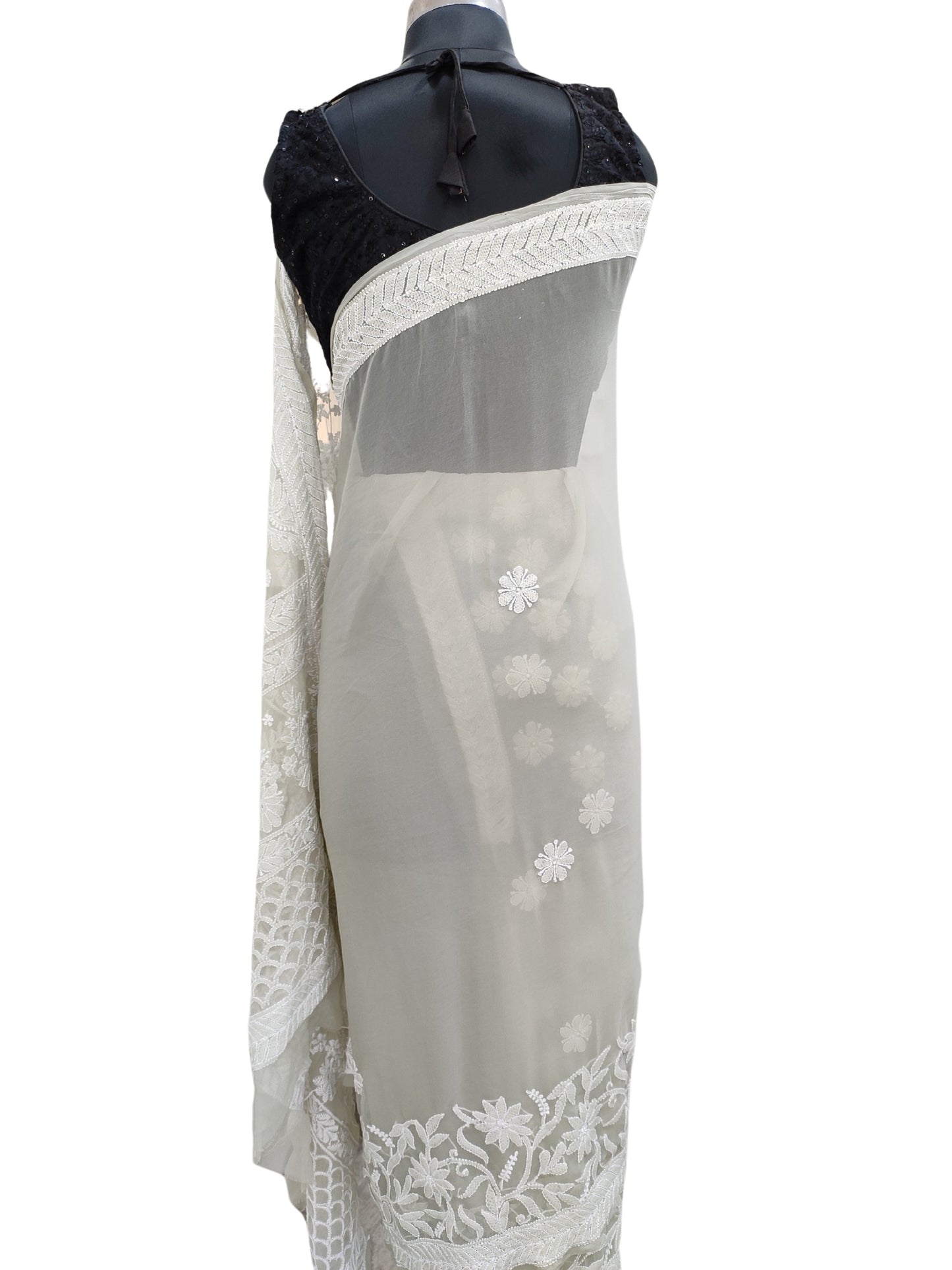 Shyamal Chikan Hand Embroidered Green Georgette Lucknowi Chikankari Skirt Saree With Blouse Piece - S26273