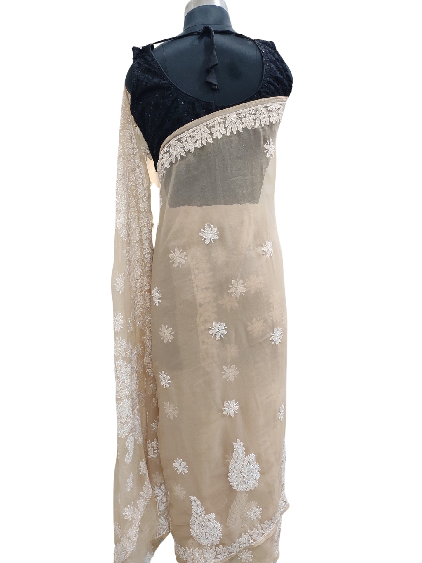 Shyamal Chikan Hand Embroidered Brown Georgette Lucknowi Chikankari Skirt Saree With Blouse Piece - S26271