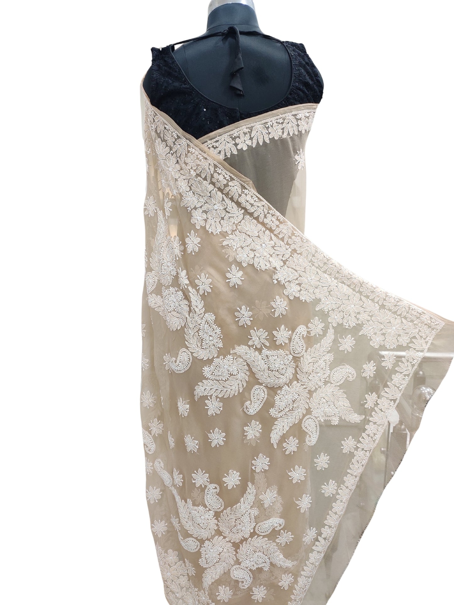 Shyamal Chikan Hand Embroidered Brown Georgette Lucknowi Chikankari Skirt Saree With Blouse Piece - S26271