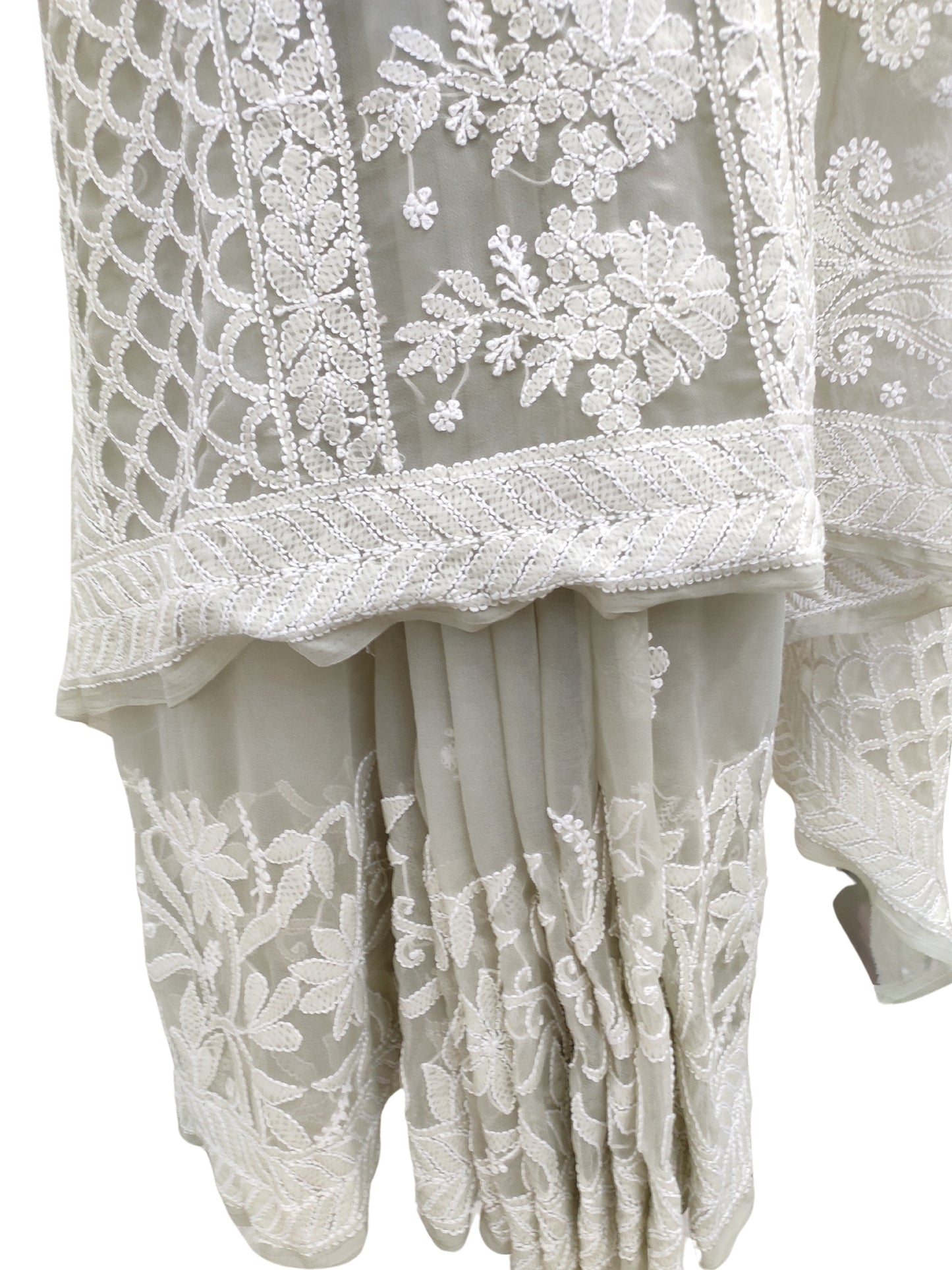 Shyamal Chikan Hand Embroidered Green Georgette Lucknowi Chikankari Skirt Saree With Blouse Piece - S26273