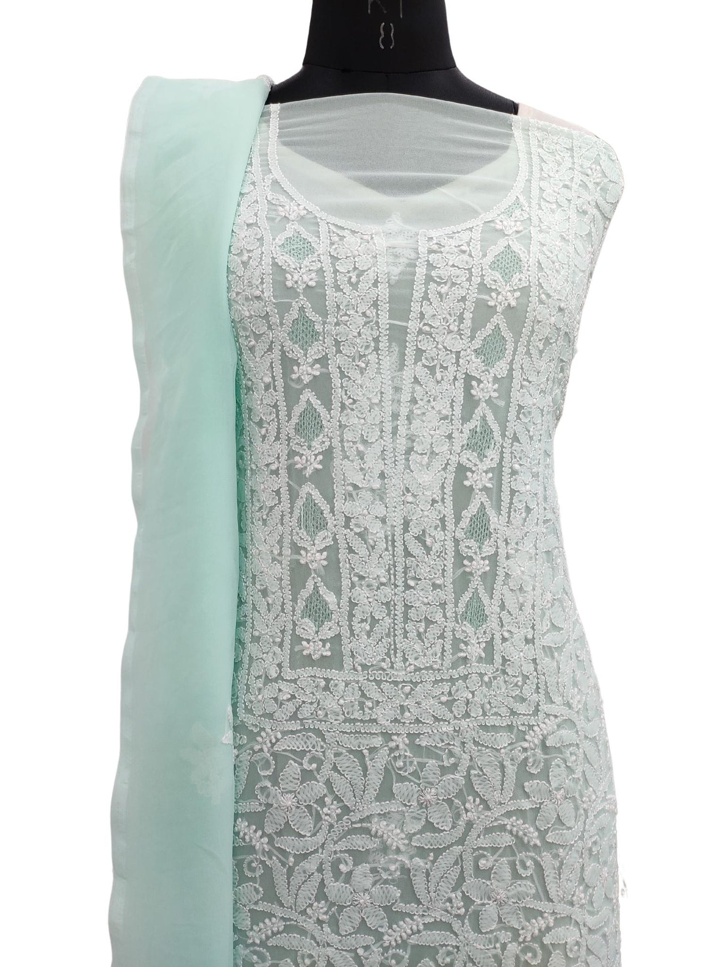Shyamal Chikan Hand Embroidered Sea Green Georgette Lucknowi Chikankari Unstitched Suit Piece with Jaali work - S20237