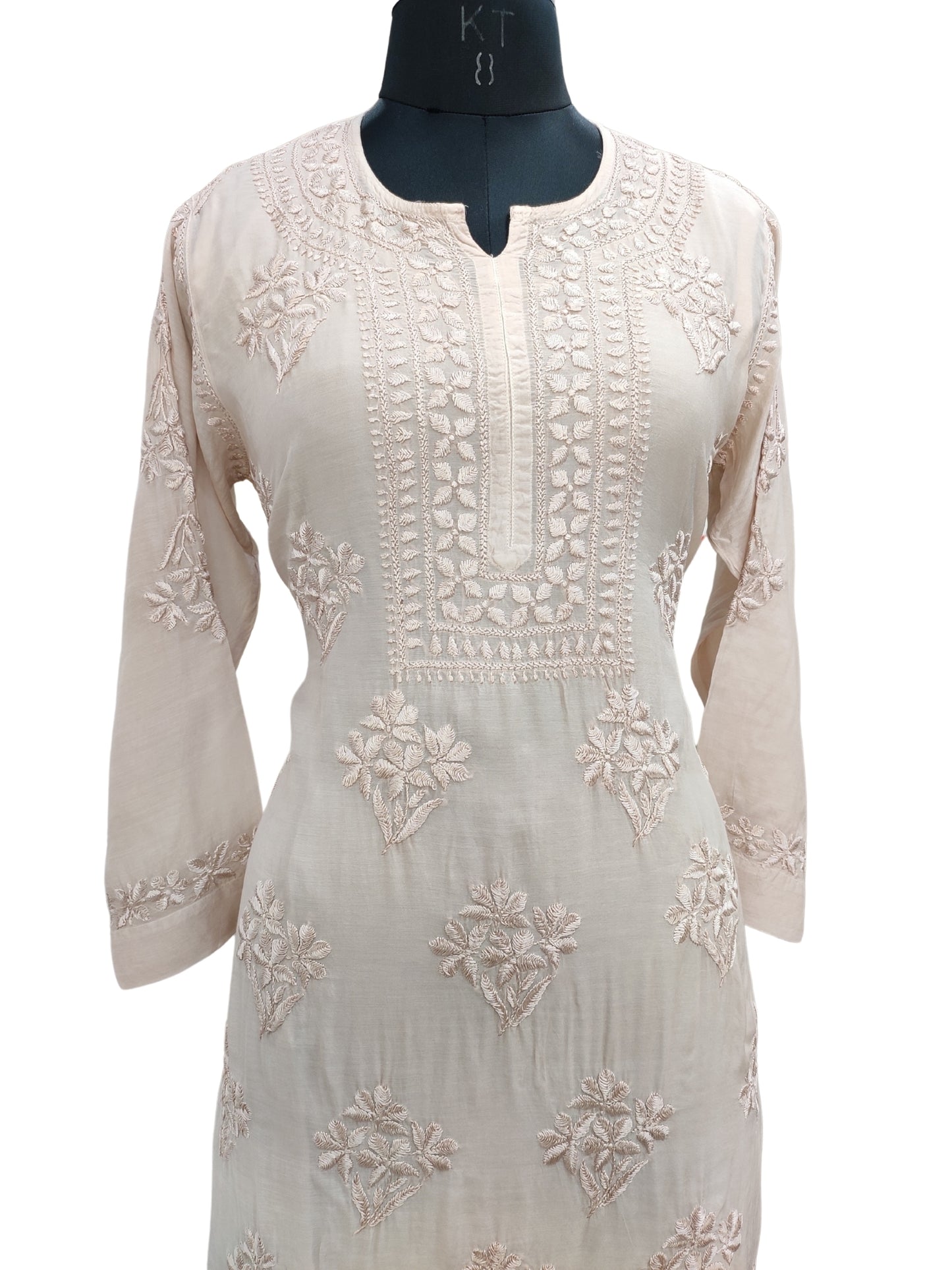 Shyamal Chikan Hand Embroidered Beige Muslin Lucknowi Chikankari Kurti - S25730