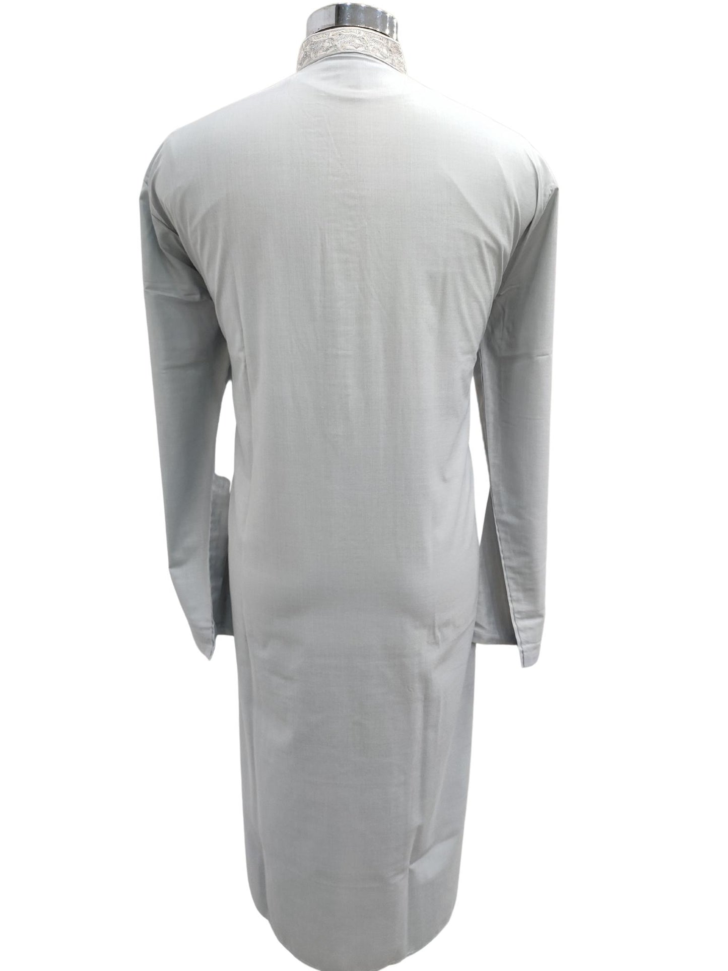 Shyamal Chikan Hand Embroidered Grey Cotton Lucknowi Chikankari Men's Kurta – S17241