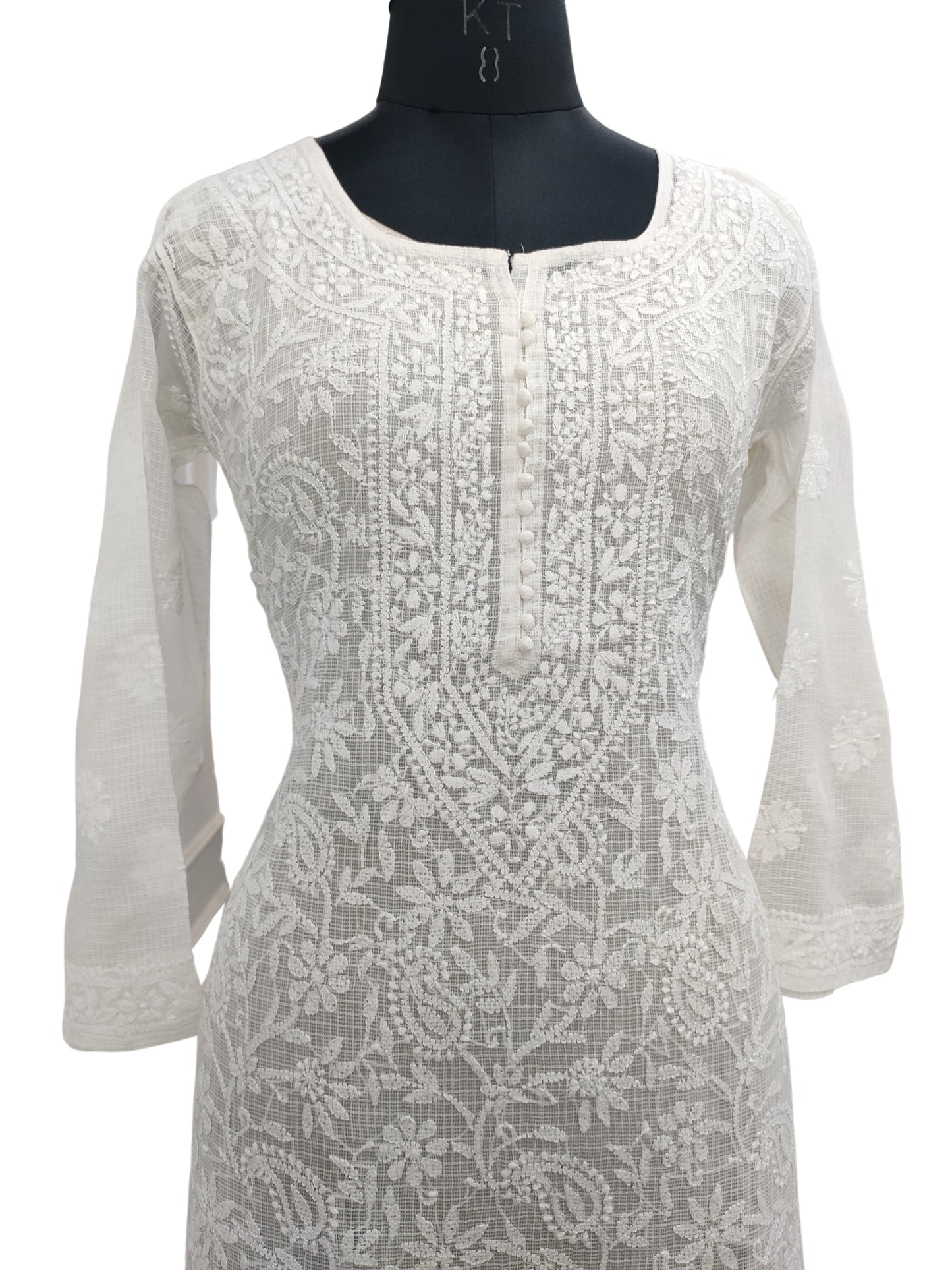 Shyamal Chikan Hand Embroidered White Kota Cotton Lucknowi Chikankari Kurti- S20499