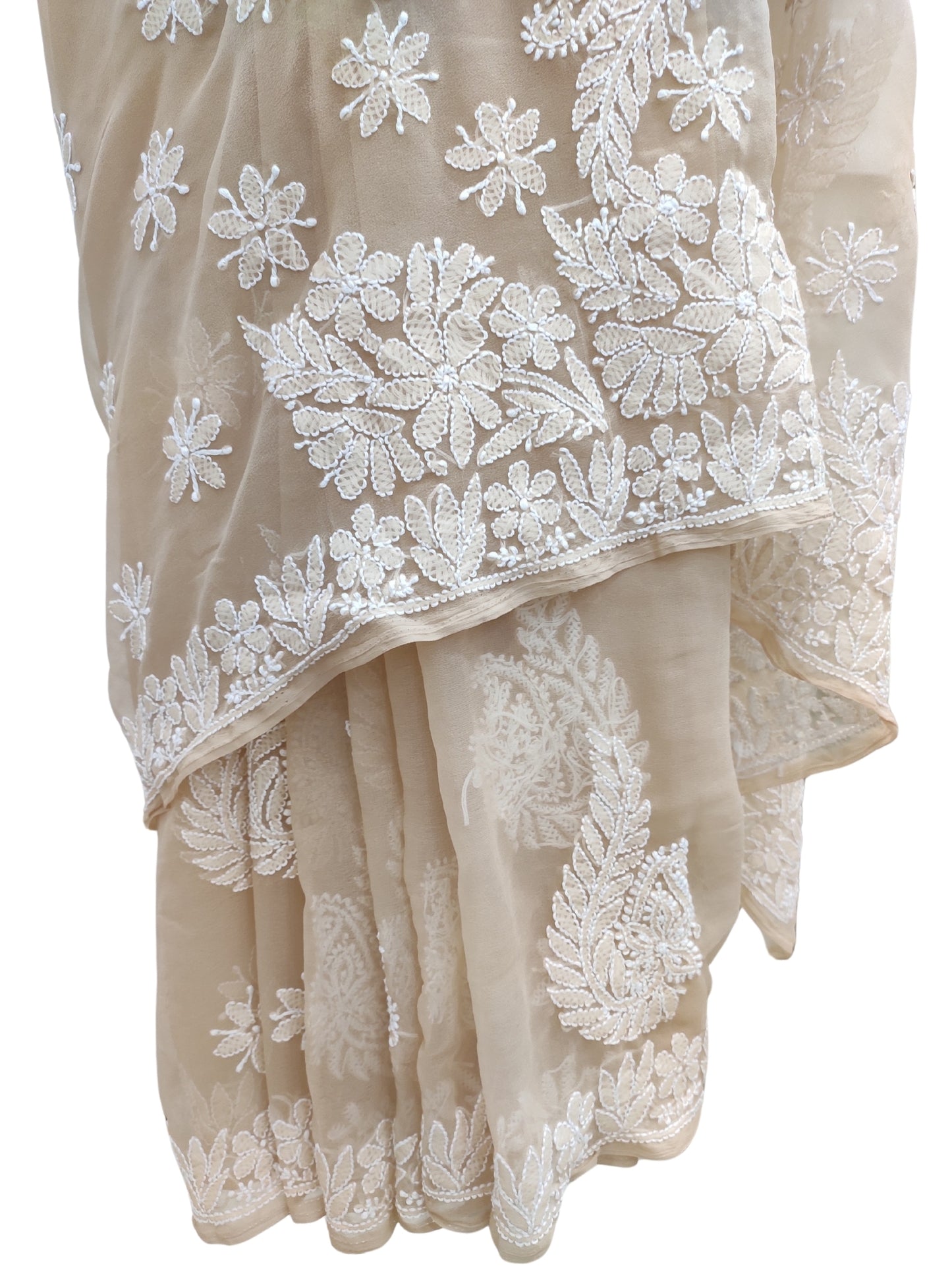 Shyamal Chikan Hand Embroidered Brown Georgette Lucknowi Chikankari Skirt Saree With Blouse Piece - S26271