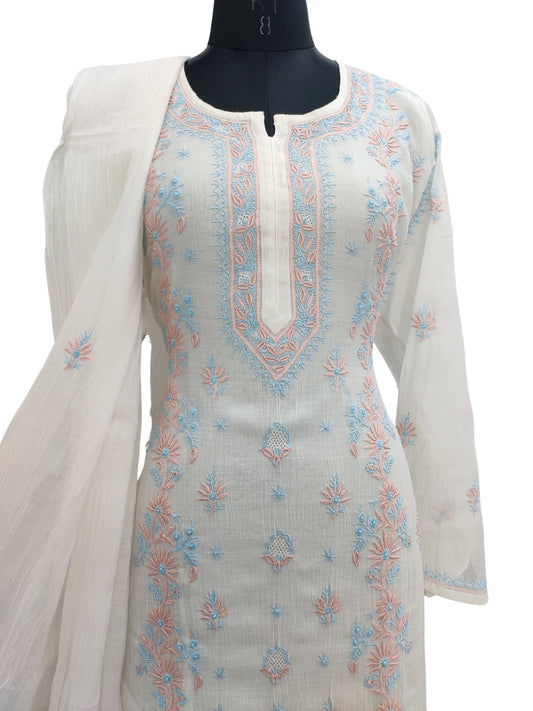Shyamal Chikan Hand Embroidered White Mul Chanderi Lucknowi Chikankari semi stitched Suit Piece (Kurta Dupatta Set) - S22932