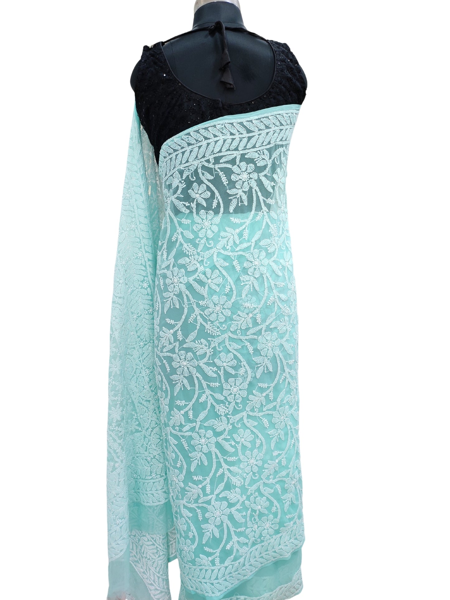 Shyamal Chikan Hand Embroidered Sea Green Georgette Lucknowi Chikankari Shoulder Jaal Saree With Blouse Piece - S26387
