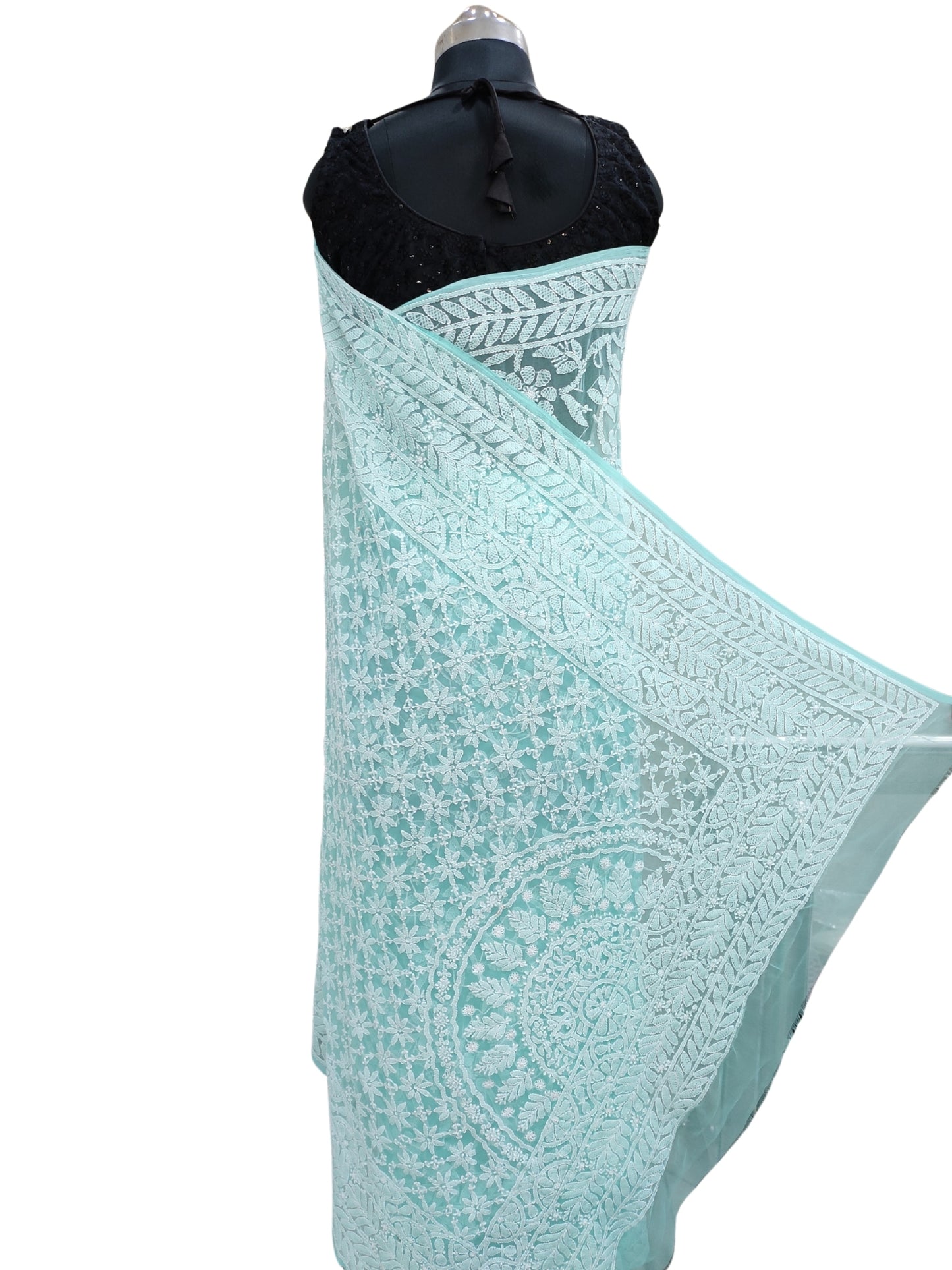 Shyamal Chikan Hand Embroidered Sea Green Georgette Lucknowi Chikankari Shoulder Jaal Saree With Blouse Piece - S26387