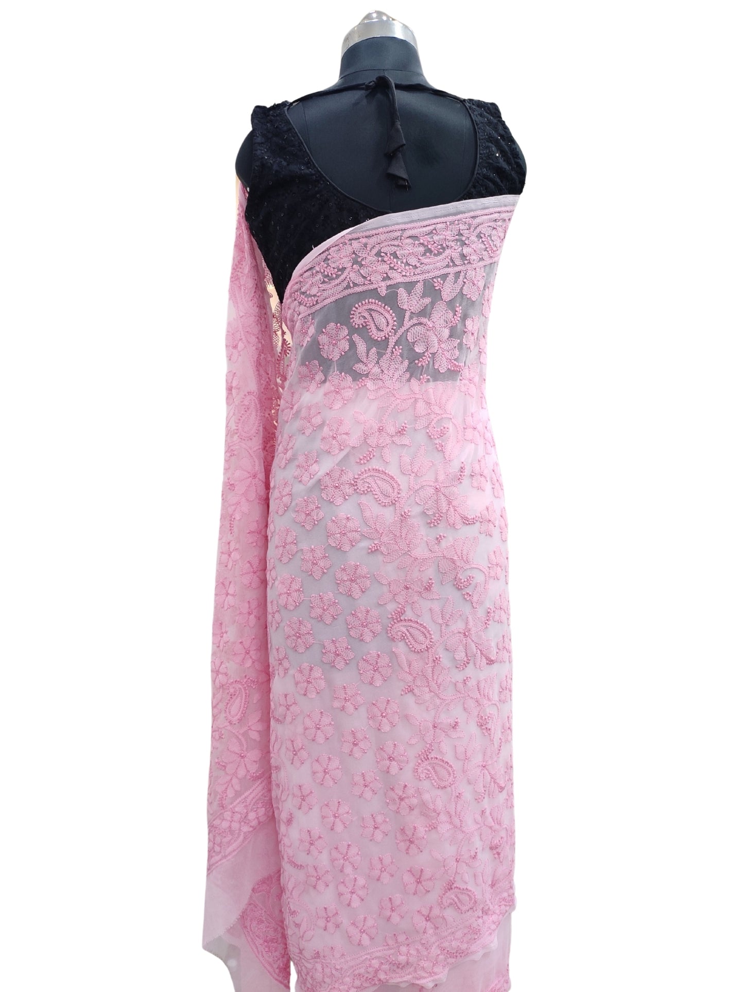 Shyamal Chikan Hand Embroidered Pink Georgette Lucknowi Chikankari Shoulder Jaal Saree With Blouse Piece - S26275
