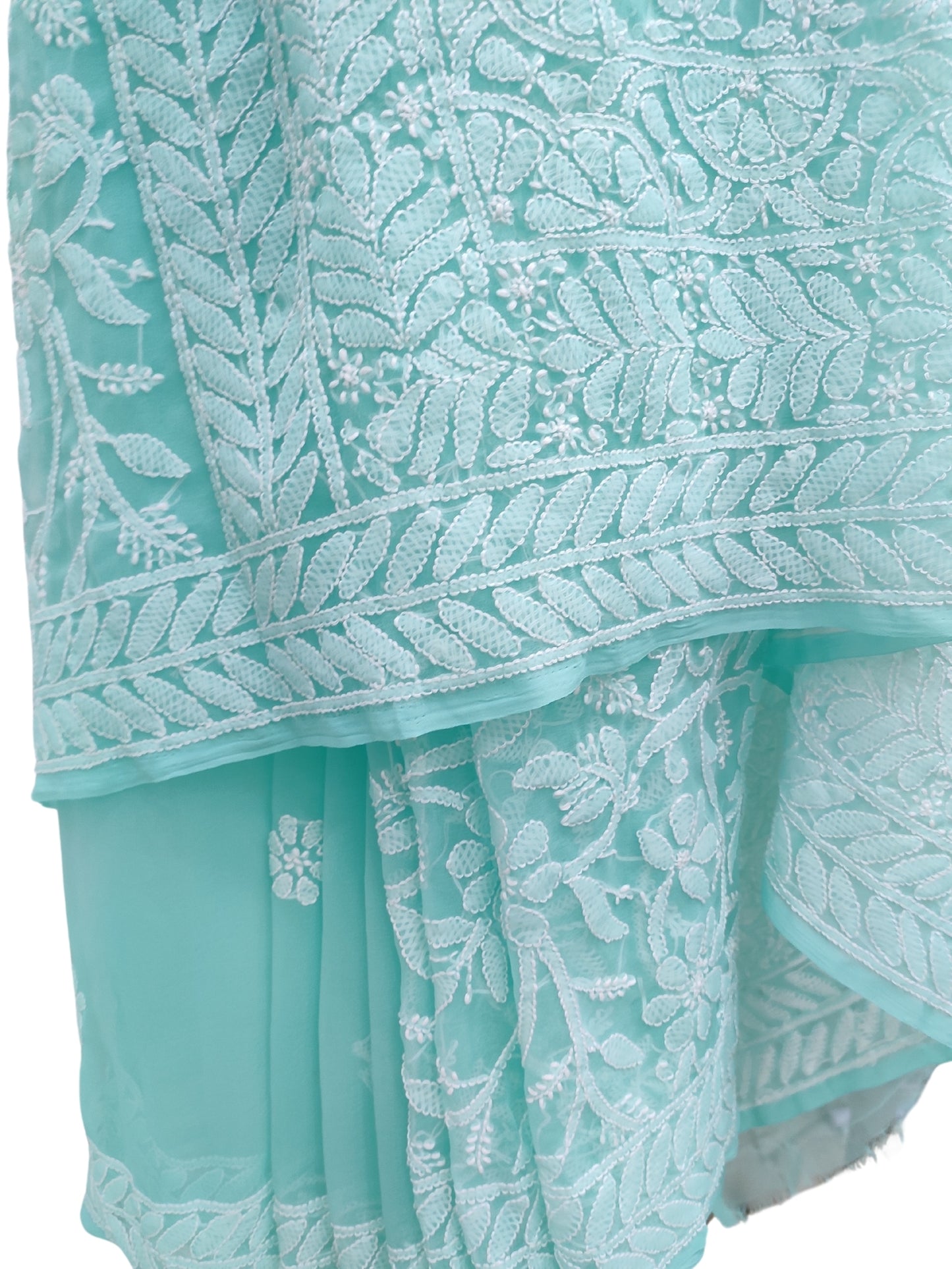 Shyamal Chikan Hand Embroidered Sea Green Georgette Lucknowi Chikankari Shoulder Jaal Saree With Blouse Piece - S26387