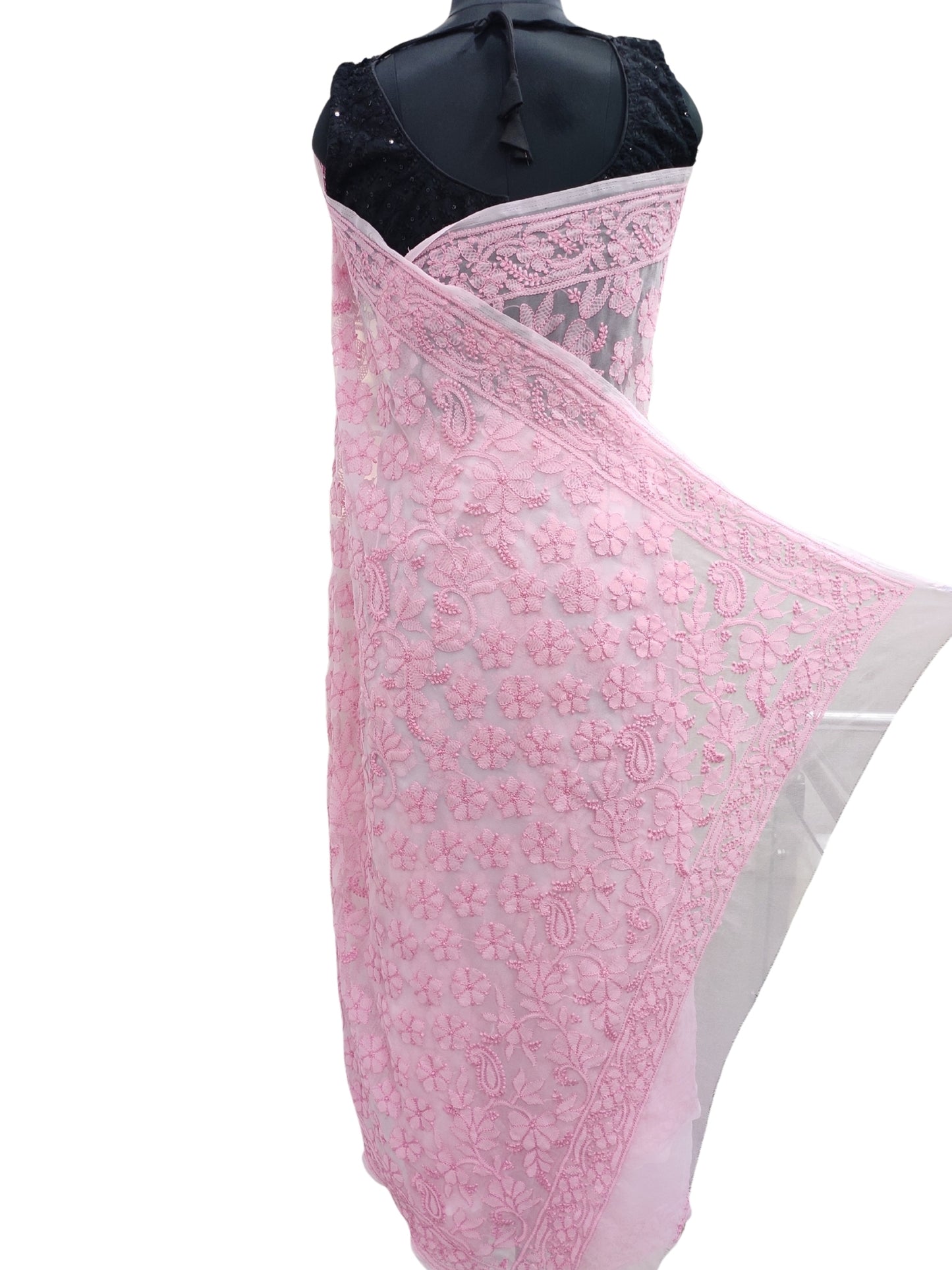 Shyamal Chikan Hand Embroidered Pink Georgette Lucknowi Chikankari Shoulder Jaal Saree With Blouse Piece - S26275