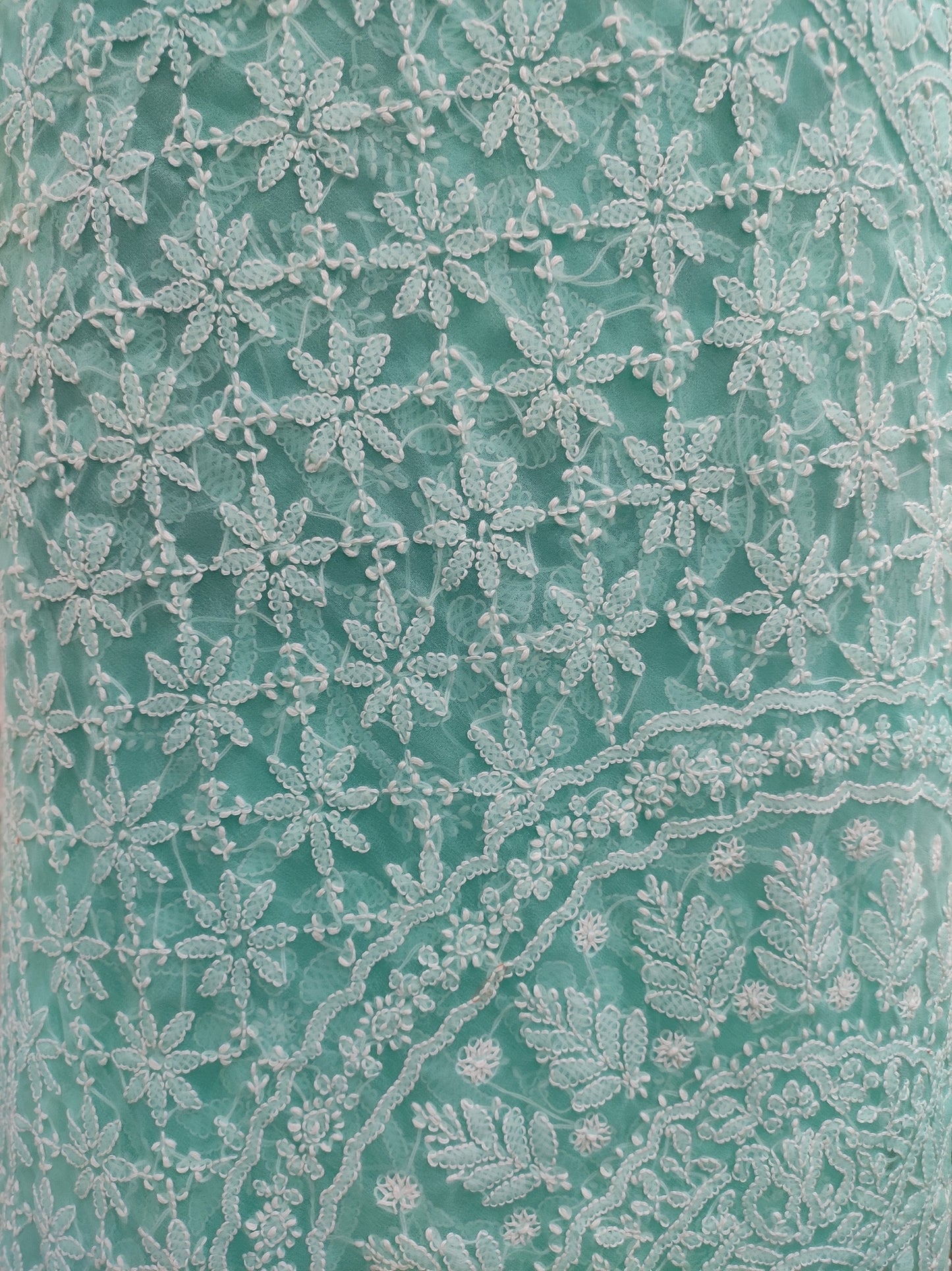 Shyamal Chikan Hand Embroidered Sea Green Georgette Lucknowi Chikankari Shoulder Jaal Saree With Blouse Piece - S26387
