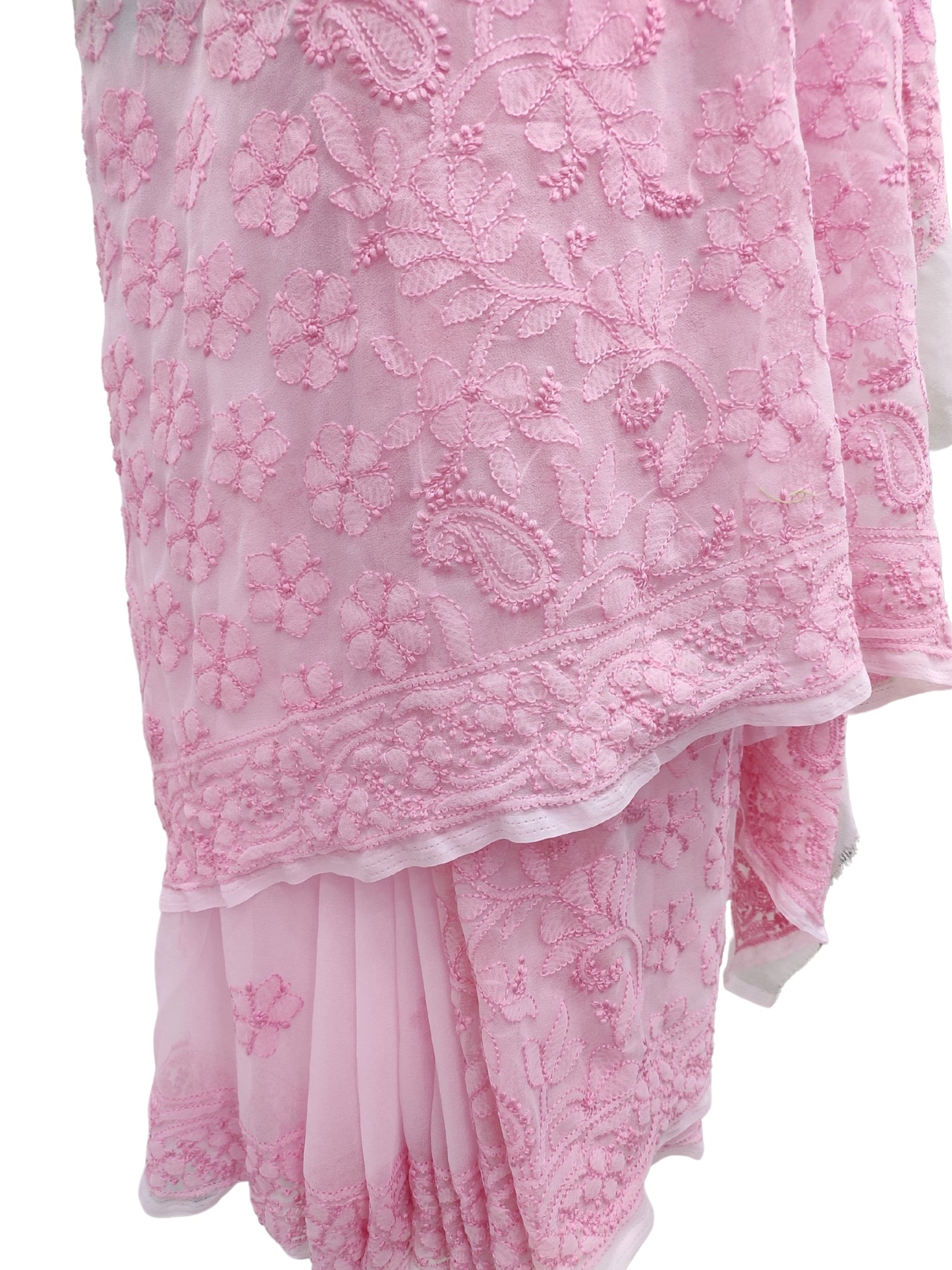 Shyamal Chikan Hand Embroidered Pink Georgette Lucknowi Chikankari Shoulder Jaal Saree With Blouse Piece - S26275