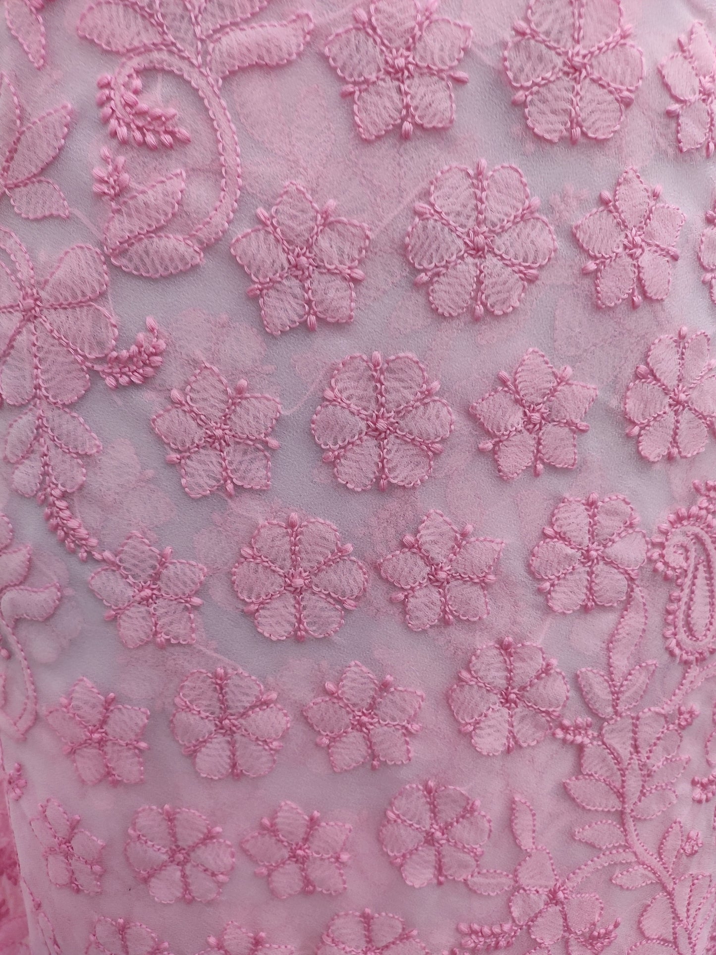 Shyamal Chikan Hand Embroidered Pink Georgette Lucknowi Chikankari Shoulder Jaal Saree With Blouse Piece - S26275