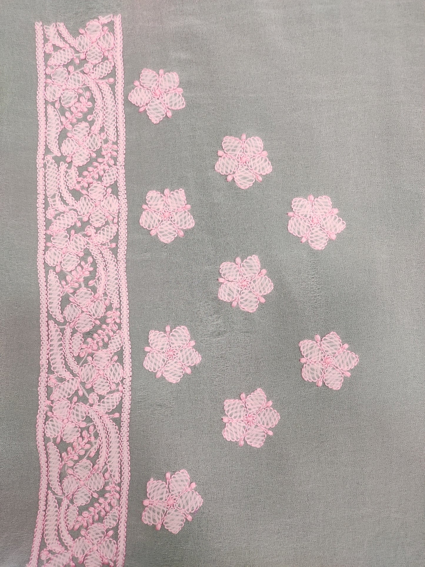 Shyamal Chikan Hand Embroidered Pink Georgette Lucknowi Chikankari Shoulder Jaal Saree With Blouse Piece - S26275