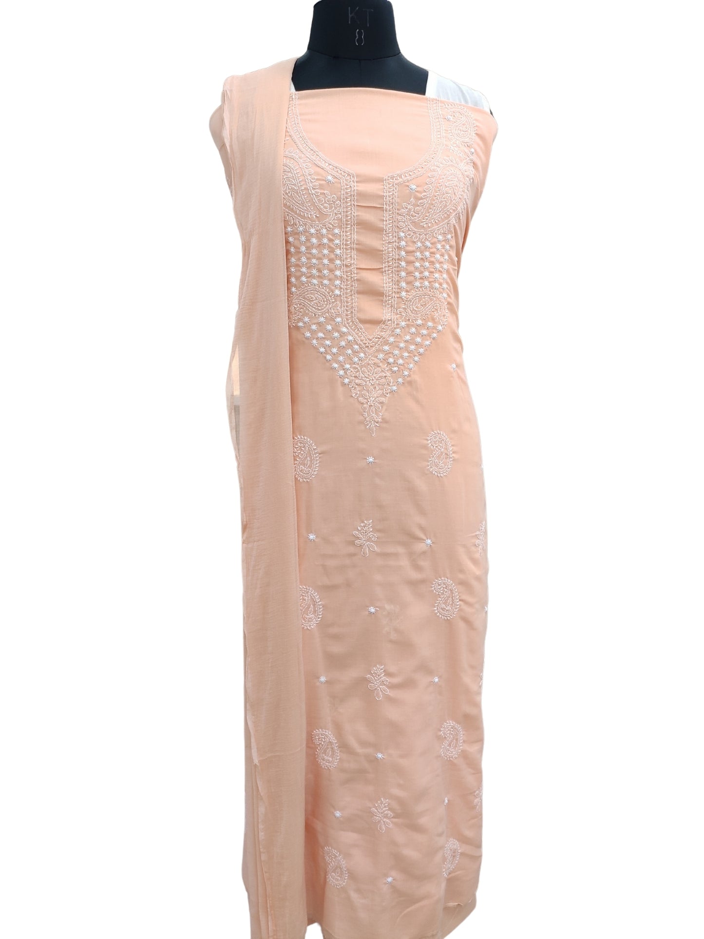Shyamal Chikan Hand Embroidered Peach Cotton Lucknowi Chikankari Unstitched Suit Piece - S19462