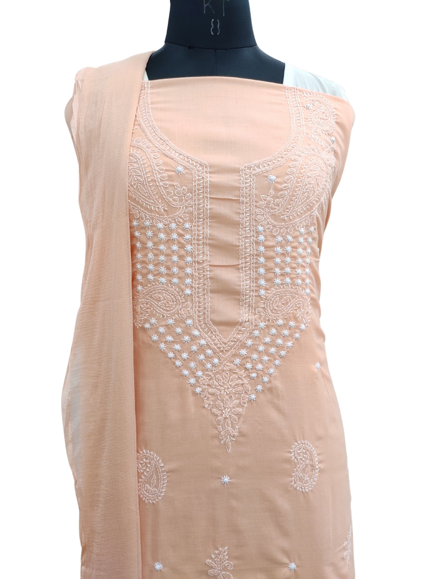 Shyamal Chikan Hand Embroidered Peach Cotton Lucknowi Chikankari Unstitched Suit Piece - S19462