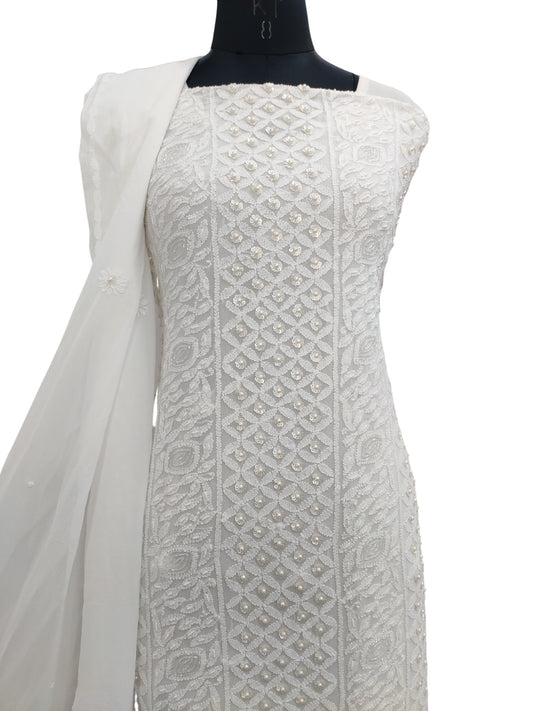 Shyamal Chikan Hand Embroidered White Viscose Georgette Lucknowi Chikankari Unstitched Suit Piece With Pearl and Sequin Work ( Kurta  Dupatta Set) - S22754