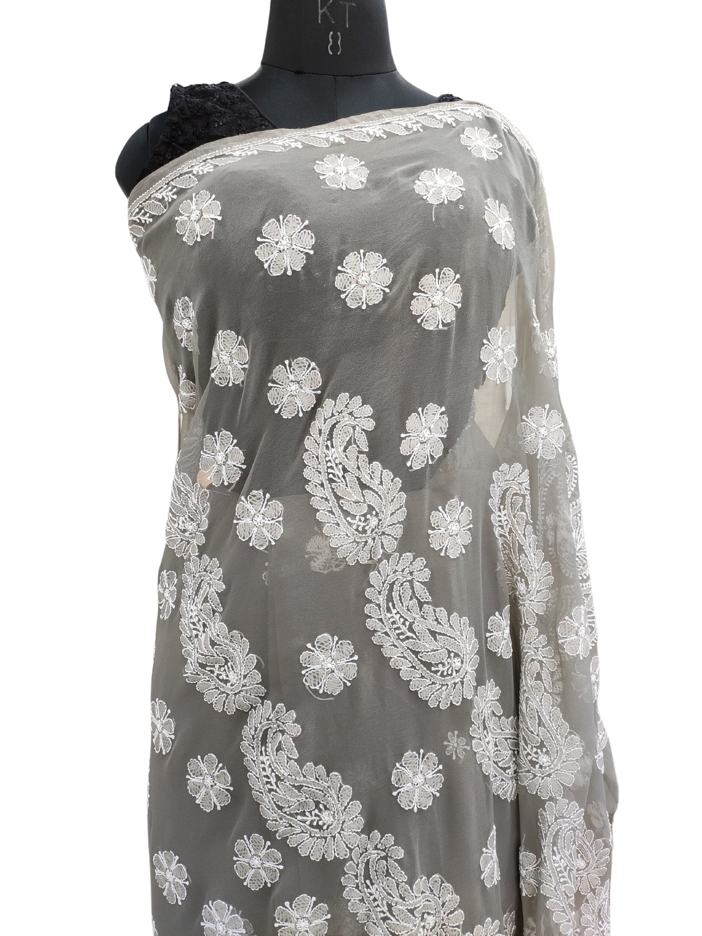 Shyamal Chikan Hand Embroidered Grey Georgette Lucknowi Chikankari Saree With Blouse Piece - S25270