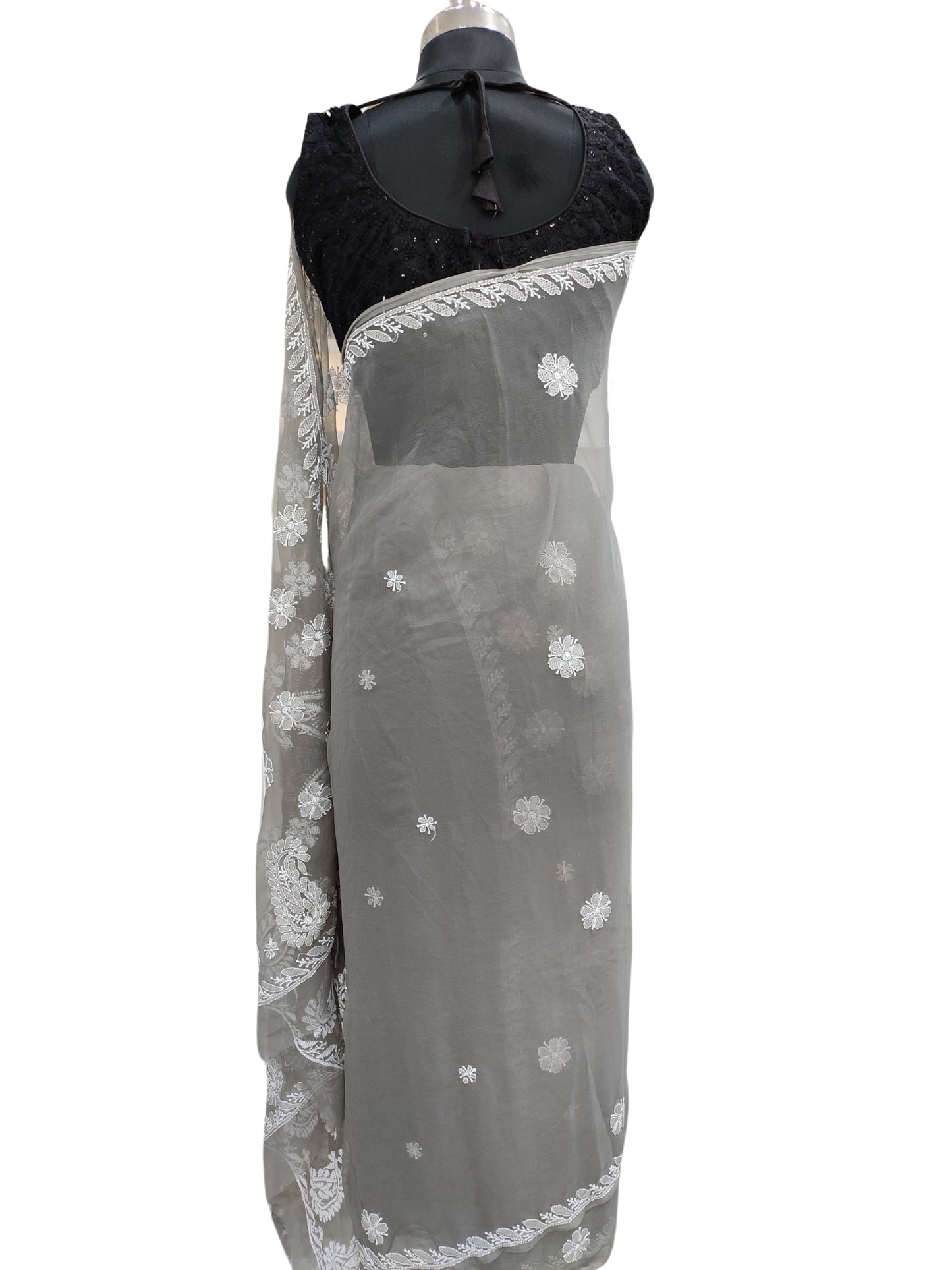 Shyamal Chikan Hand Embroidered Grey Georgette Lucknowi Chikankari Saree With Blouse Piece - S25270