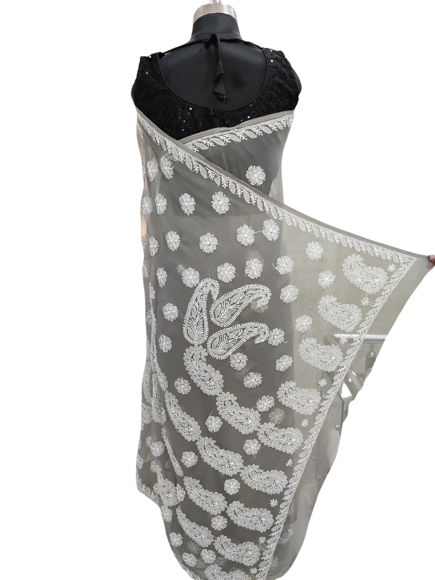 Shyamal Chikan Hand Embroidered Grey Georgette Lucknowi Chikankari Saree With Blouse Piece - S25270