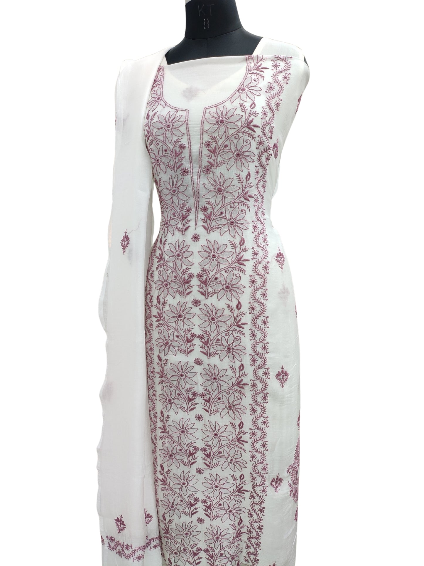 Shyamal Chikan Hand Embroidered White American Cotton Lucknowi Chikankari Unstitched Suit Piece (Kurta Dupatta Set) - S26199