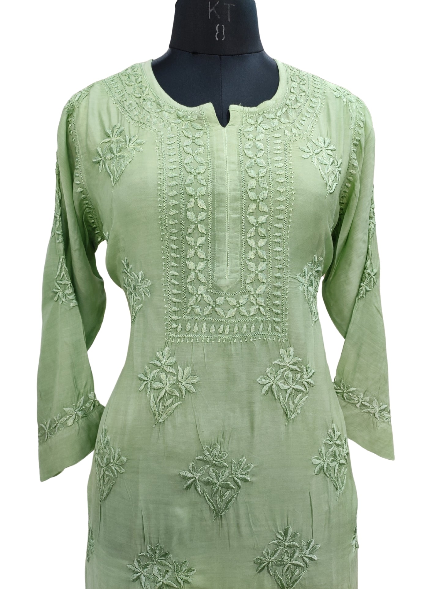 Shyamal Chikan Hand Embroidered Green Muslin Lucknowi Chikankari Kurti - S25940